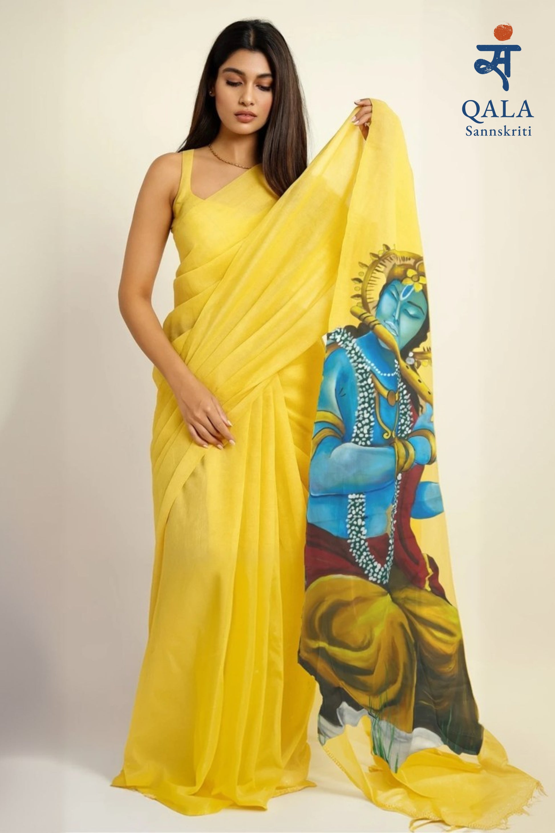 Lemon yellow pure chanderi saree : “ Vasantha Rang :Krishna in Spring”