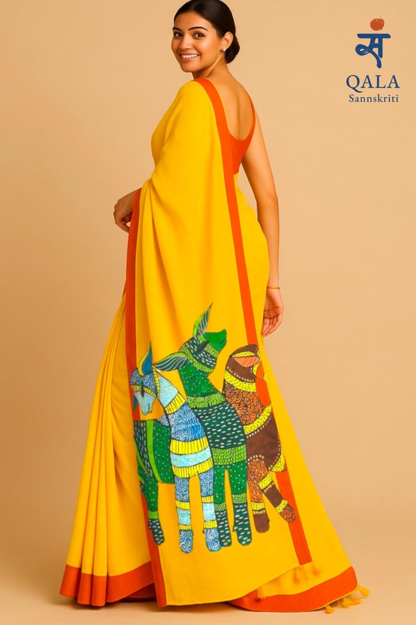 Bright yellow with red border hand painted Bengal handloom saree “Song of the forest”