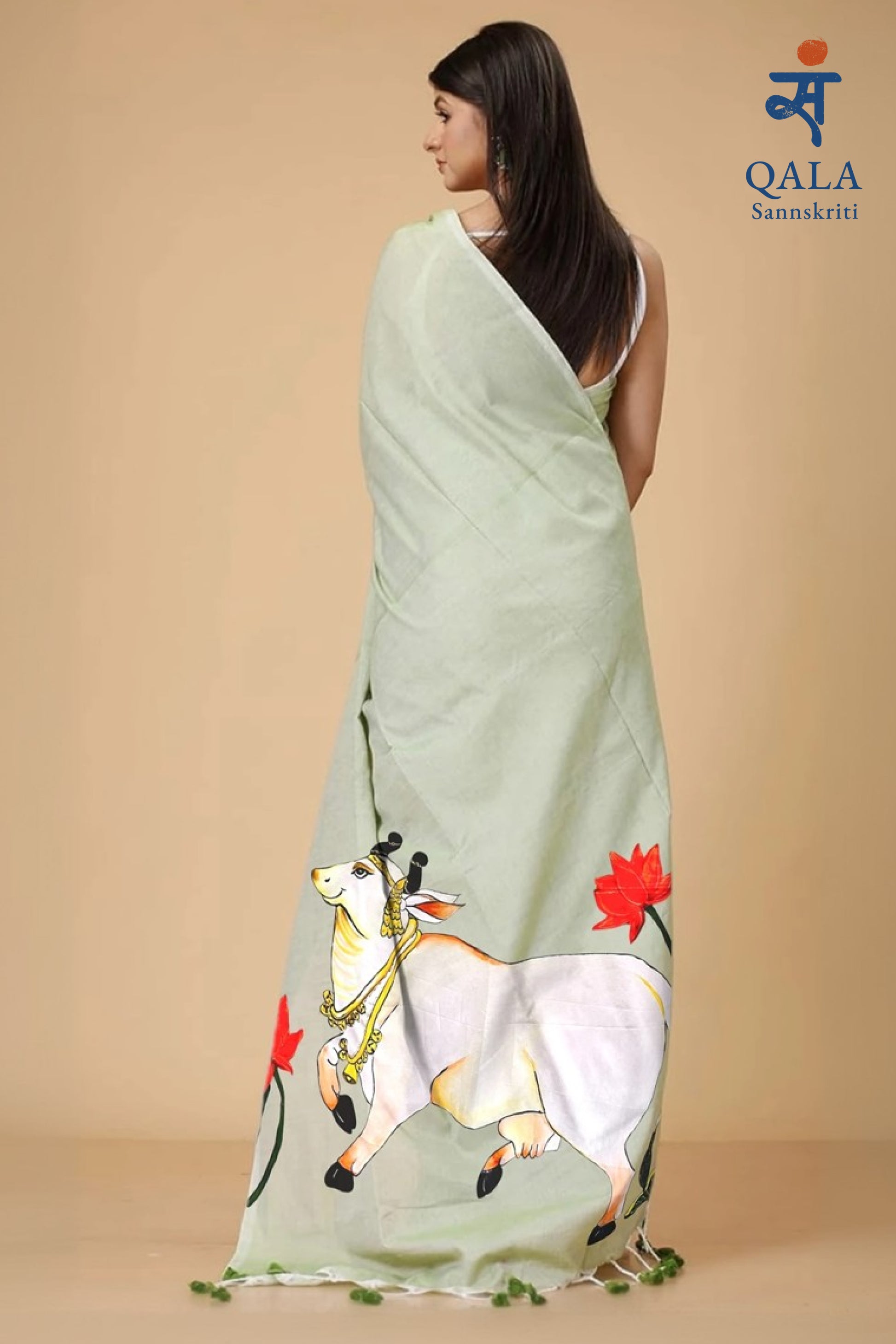 Light green grey hand painted handloom saree “Nandi Vilasa”