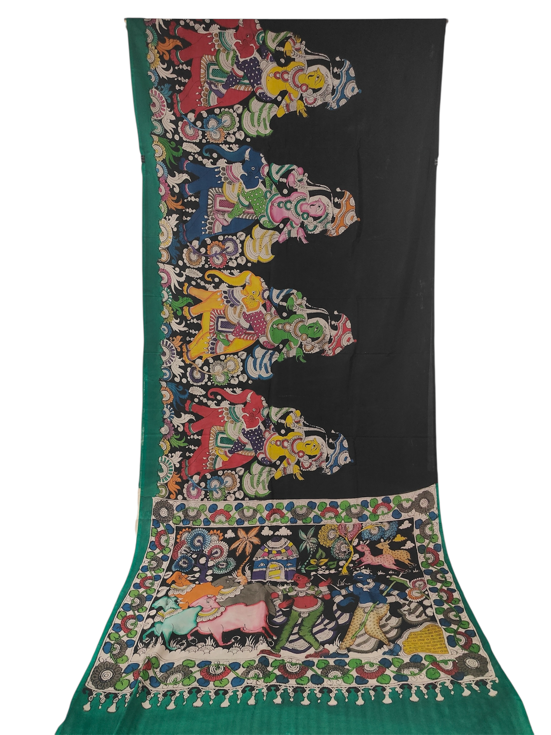 Black base multi coloured pen Kalamkari saree