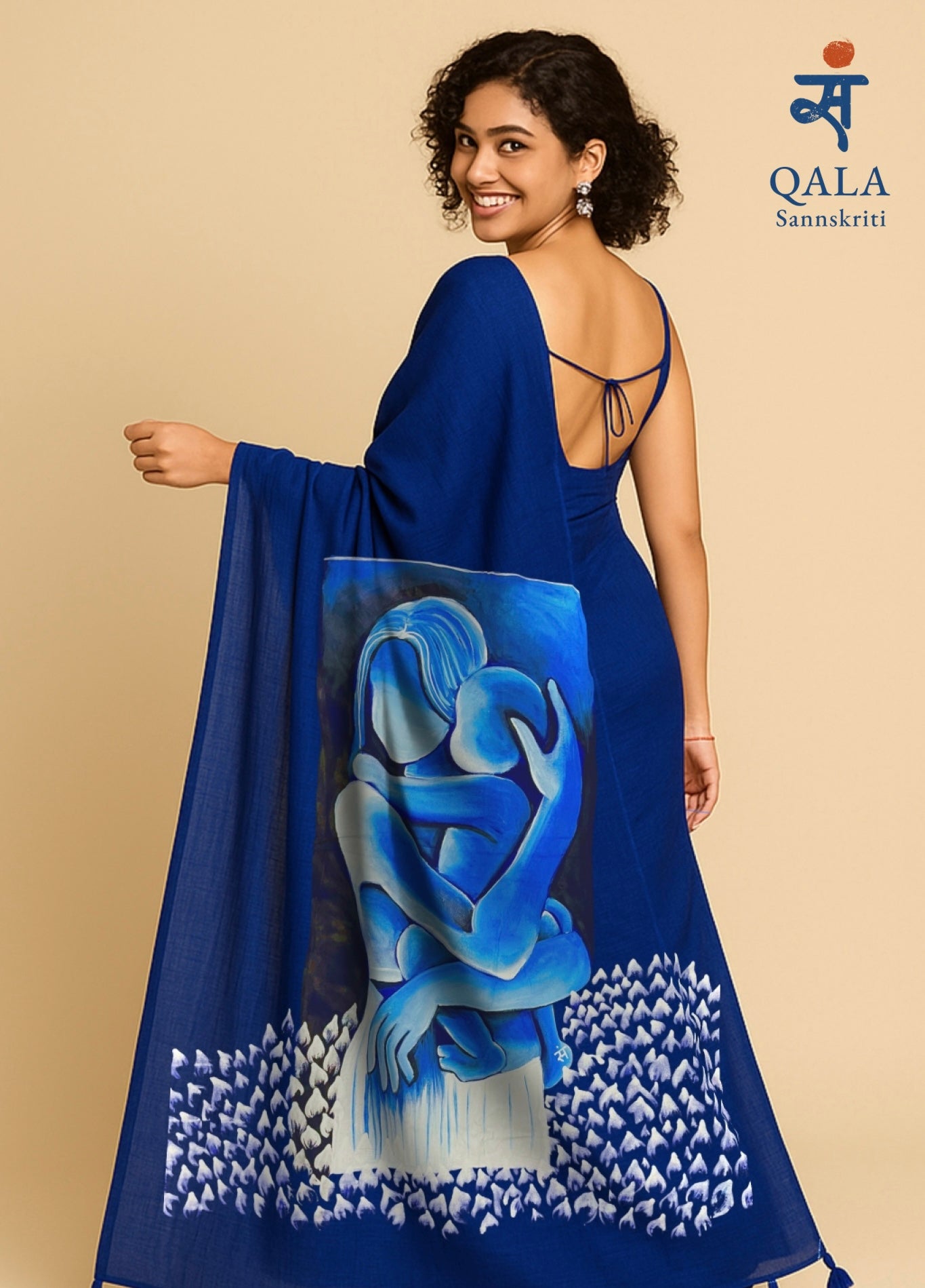 Blue hand painted handloom saree “ Ma : The eternal embrace “