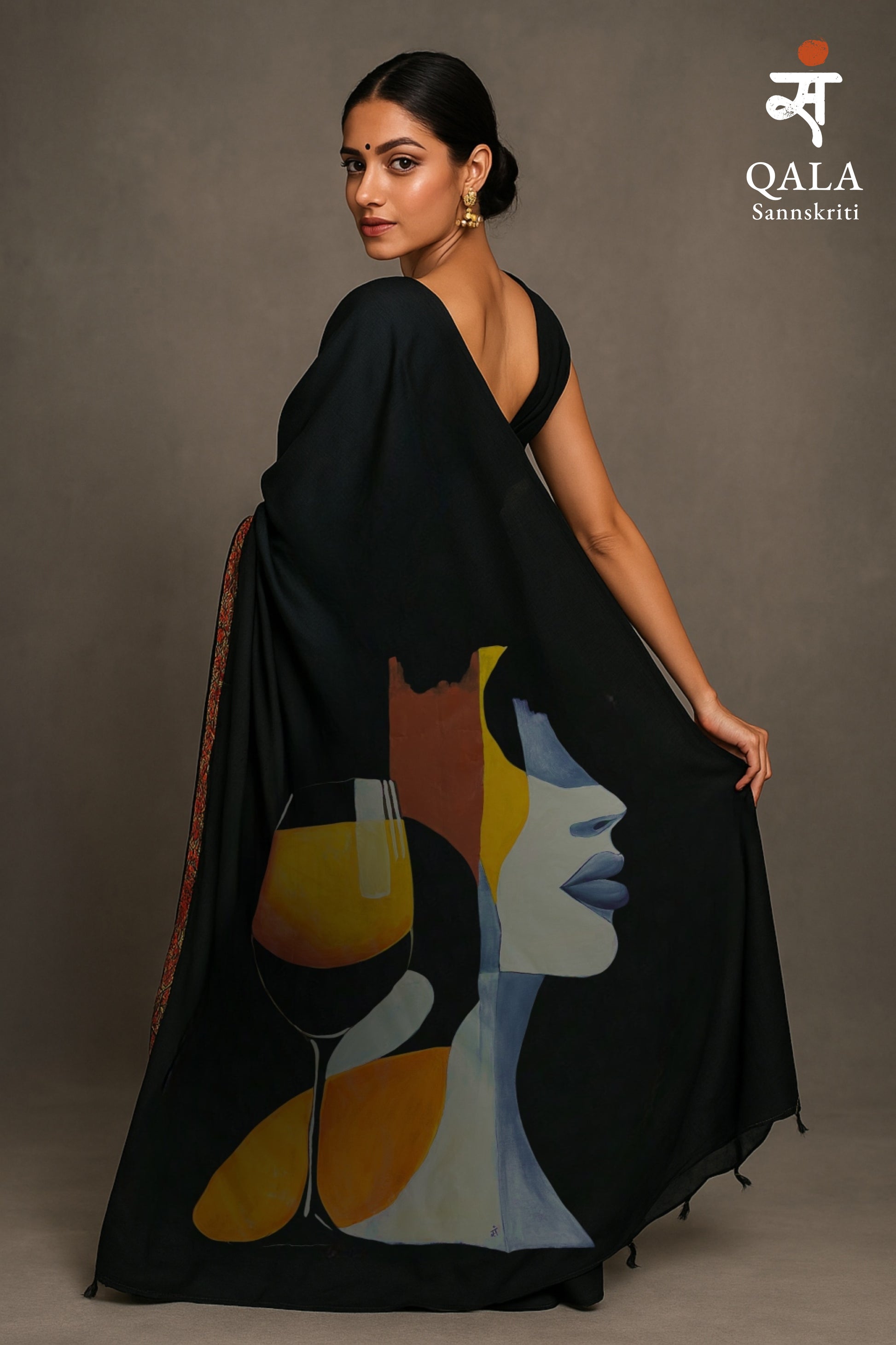 Black hand painted handloom saree “The silent Toast”