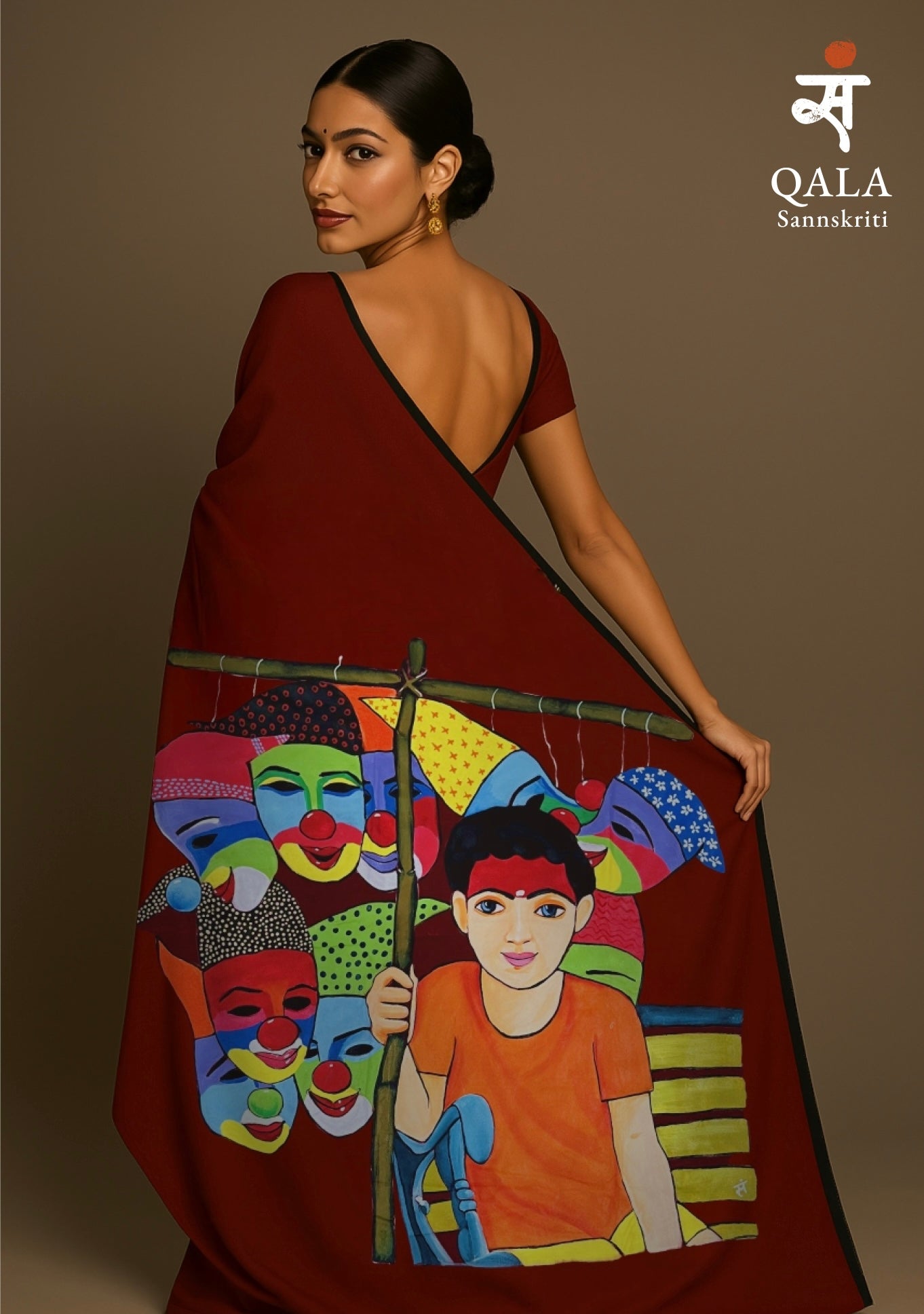 Maroon hand painted handloom saree “ The Mask seller “