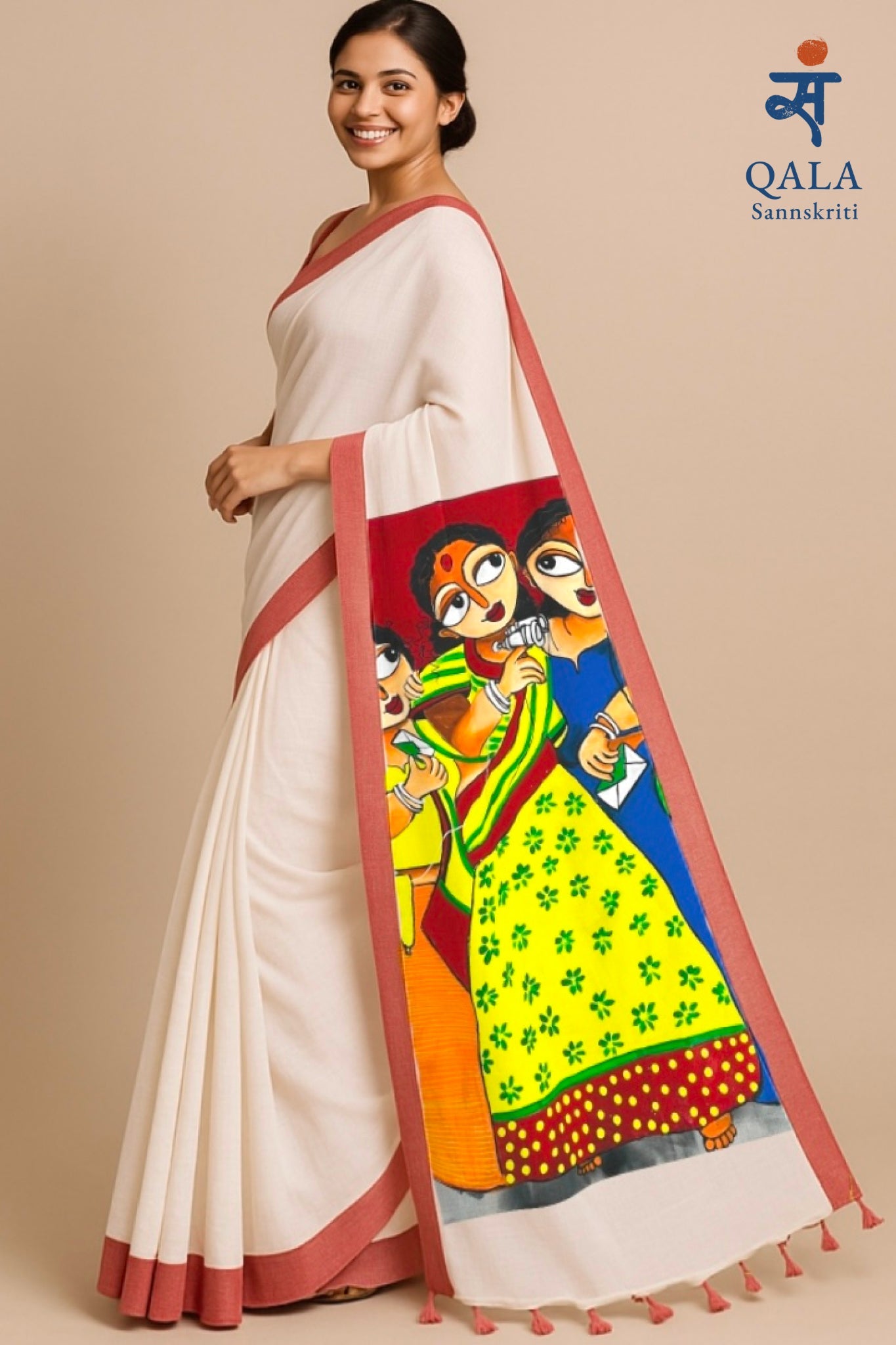 White with red border hand painted Bengal saree “ Letter of love : patra”