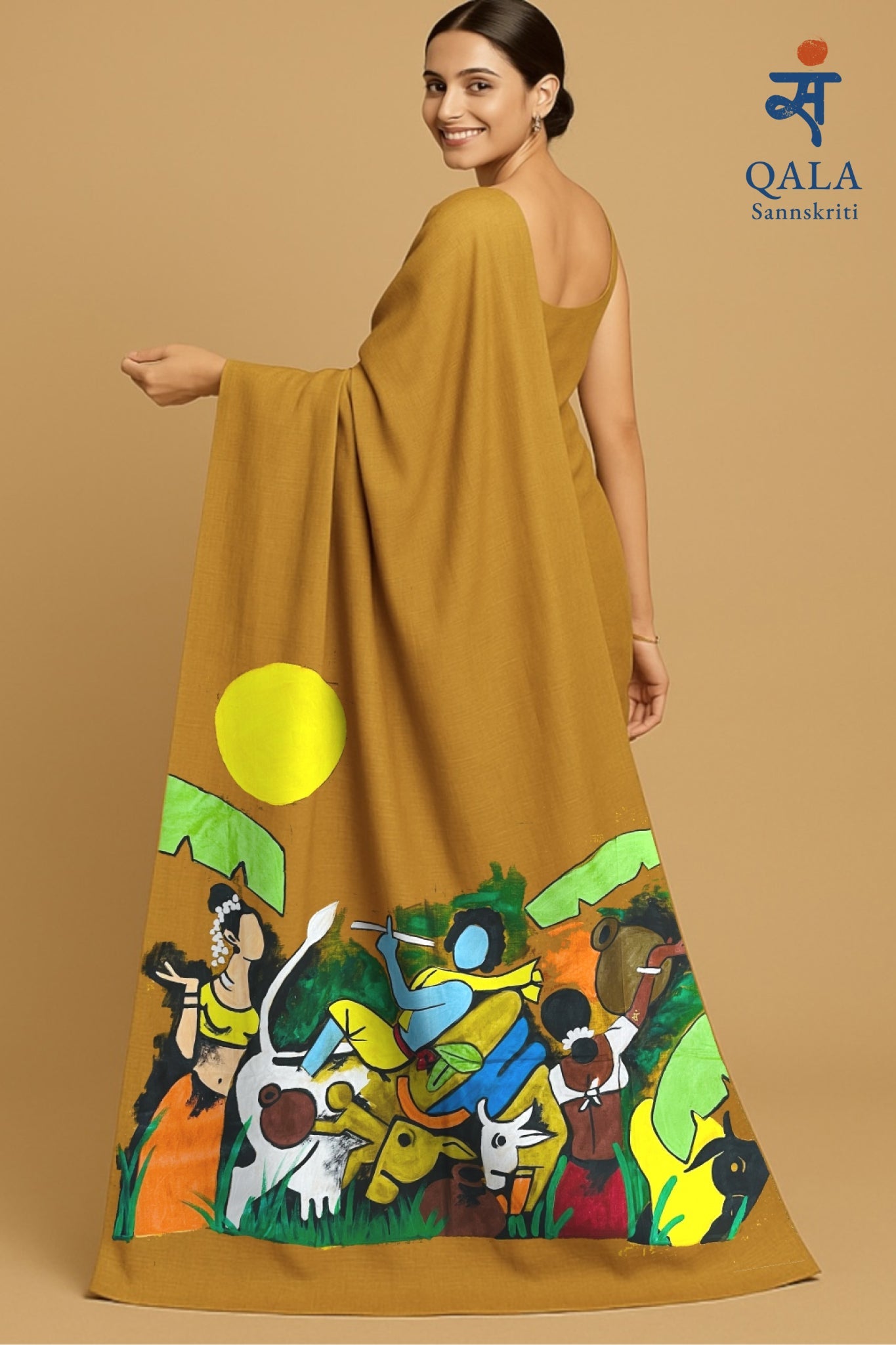 Yellow mustard hand painted handloom saree “ Krishna in the courtyard “