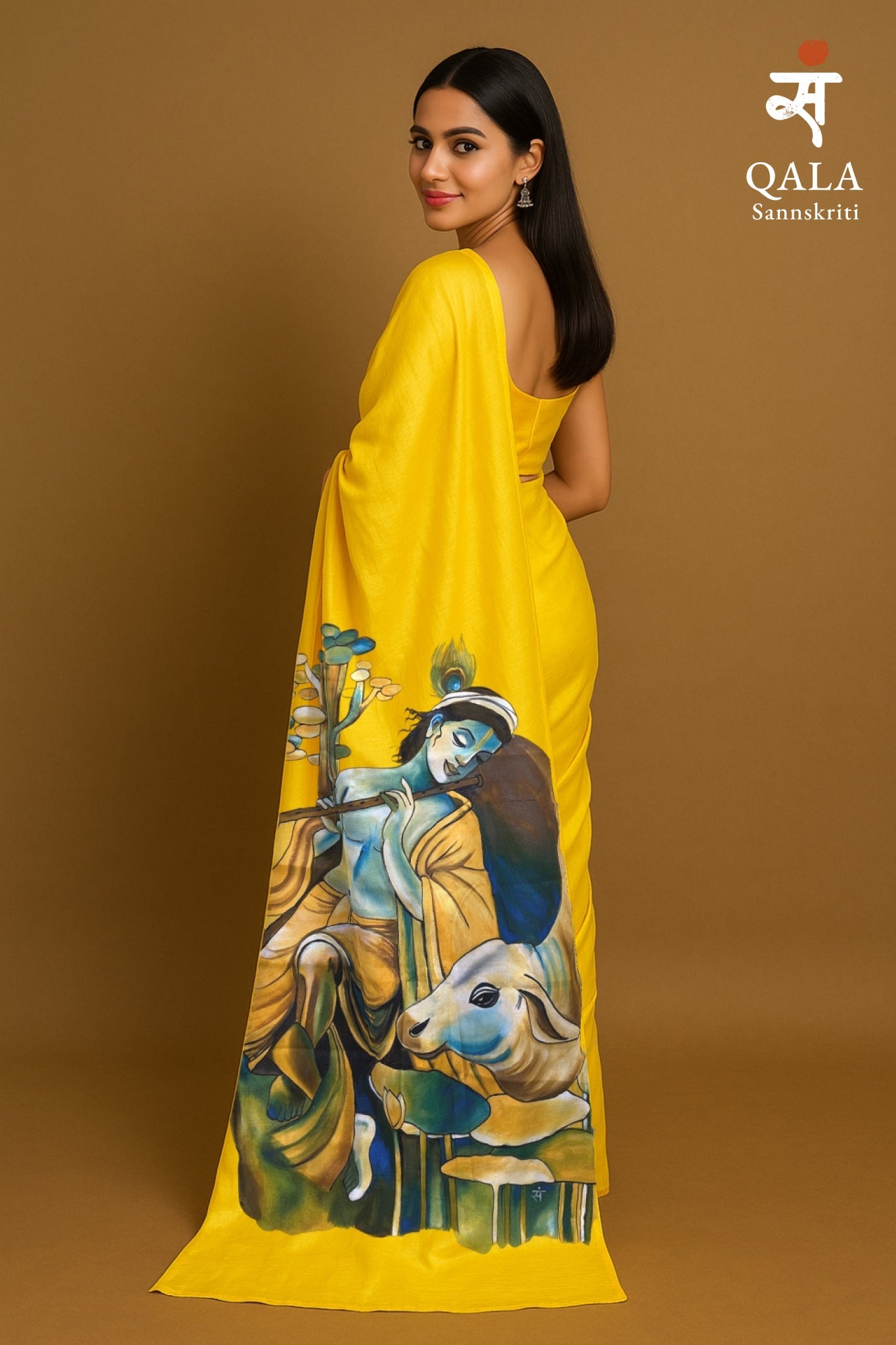 Yellow hand painted handloom saree “ Melody in the woods”
