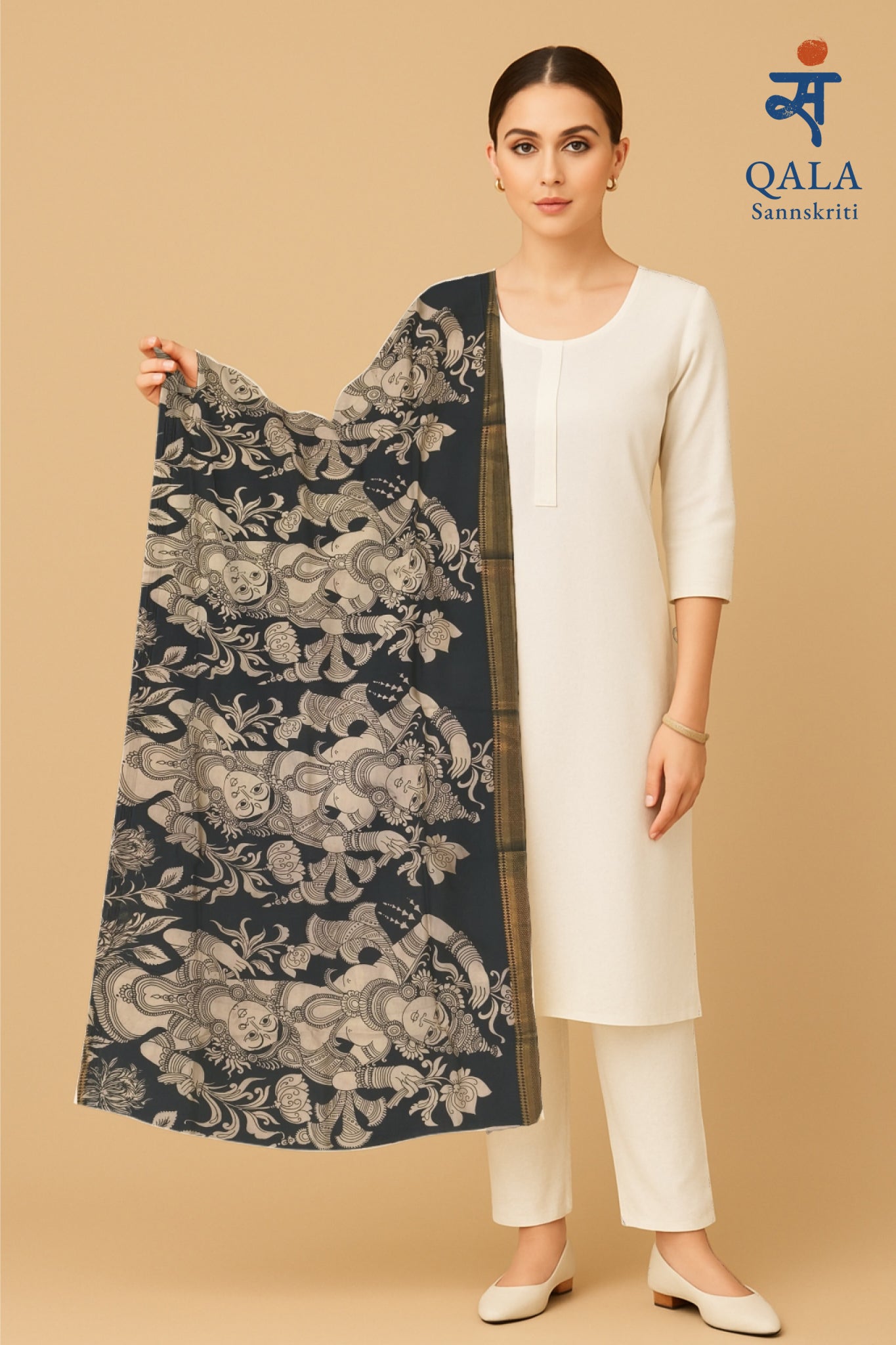 Mangalkari silk Kalamkari hand painted dupatta “ Celestial Grace”