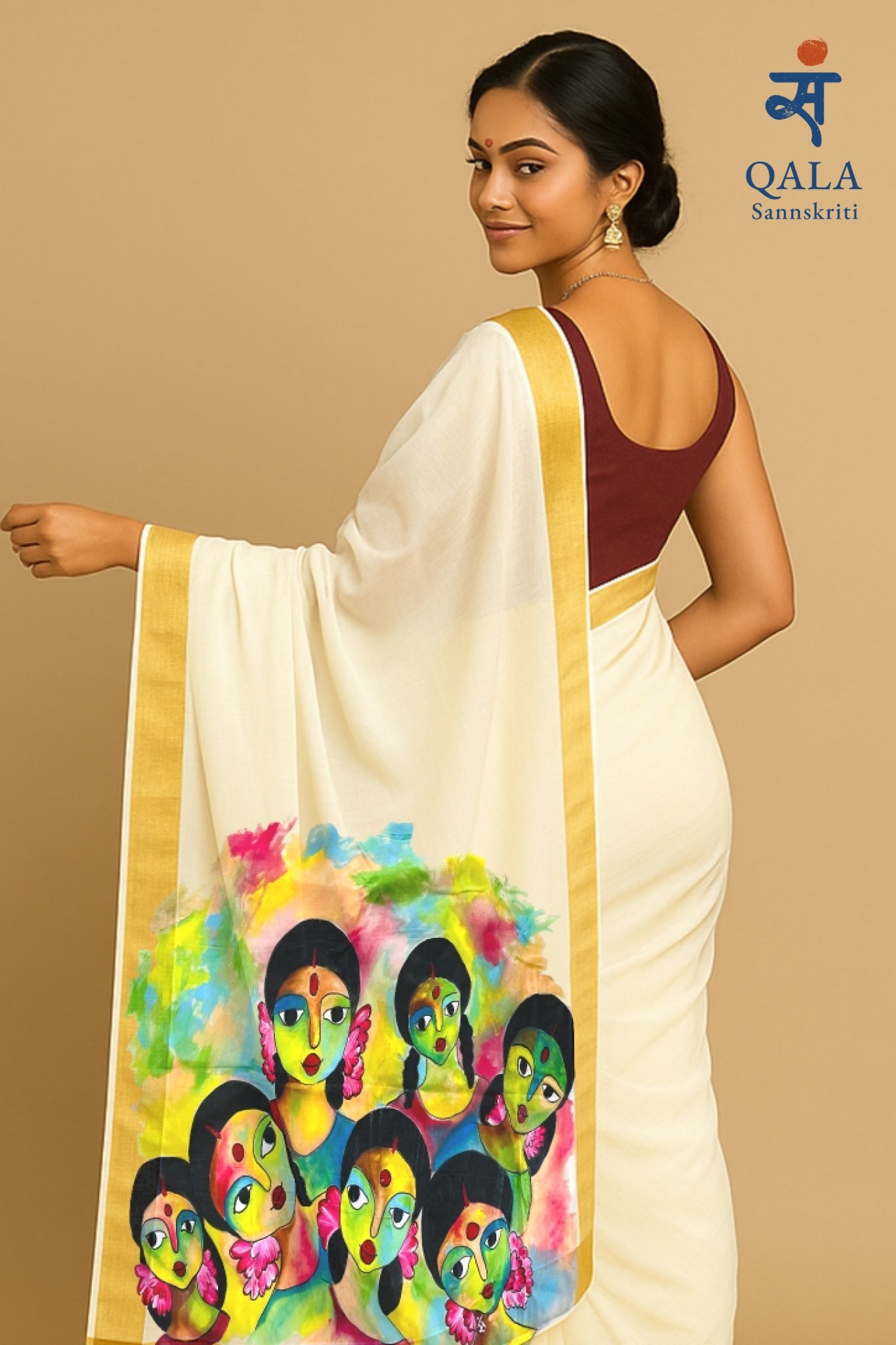 Off white hand painted Kerala kasavu cotton saree “ Mukhavrnda”