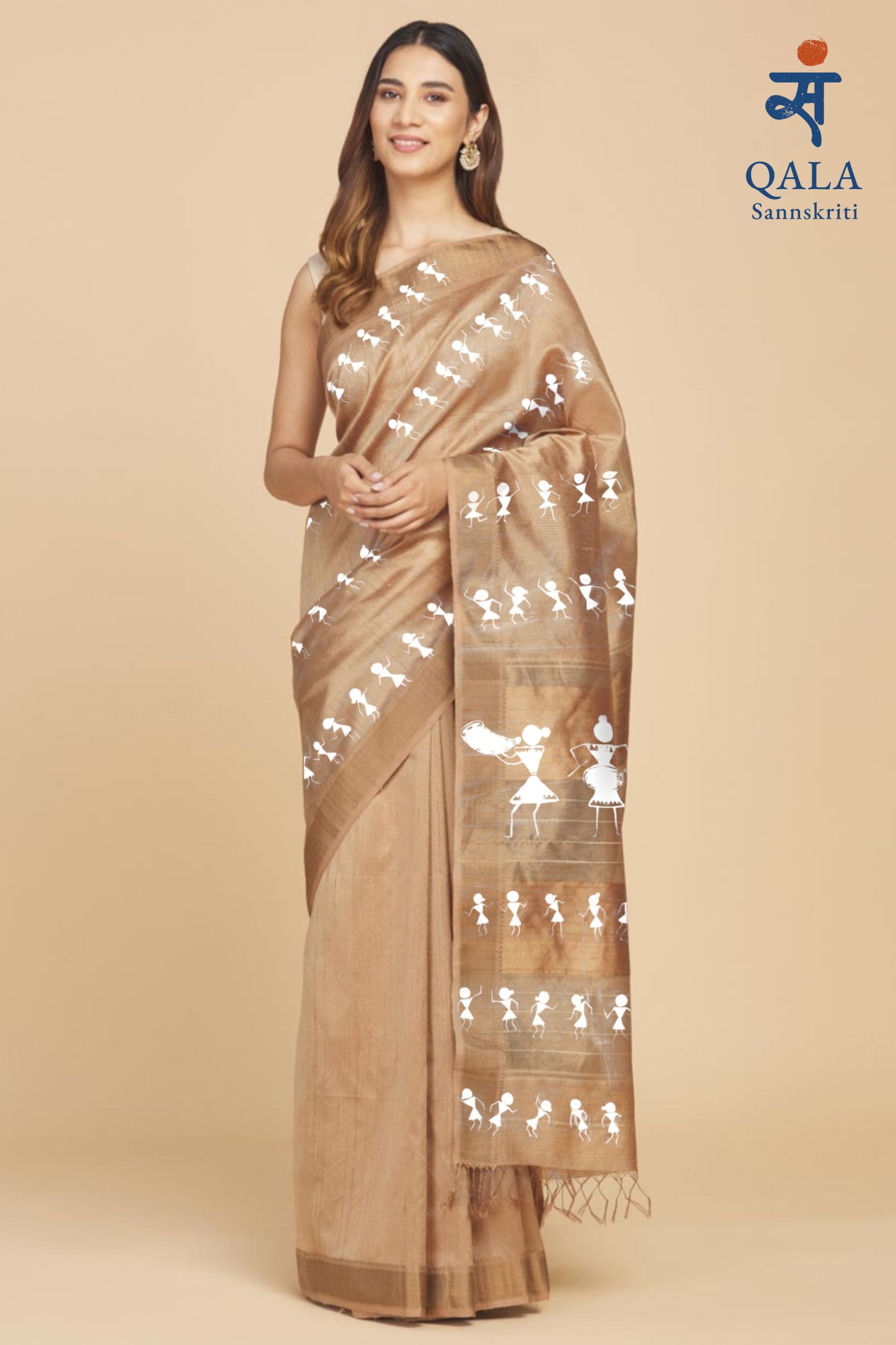 Light brown semi silk hand painted saree - Gaon ki Goonj
