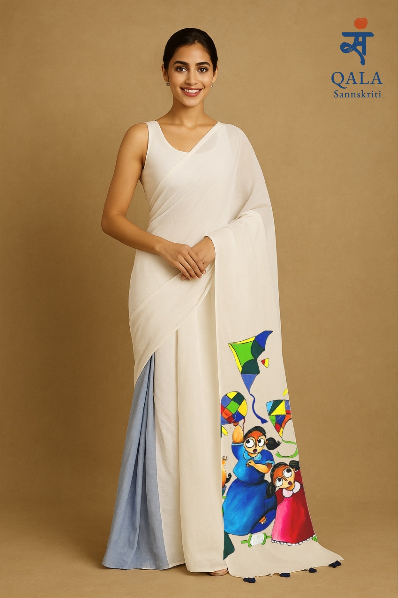 White and Grey cotton handloom hand painted saree “sky dancers”