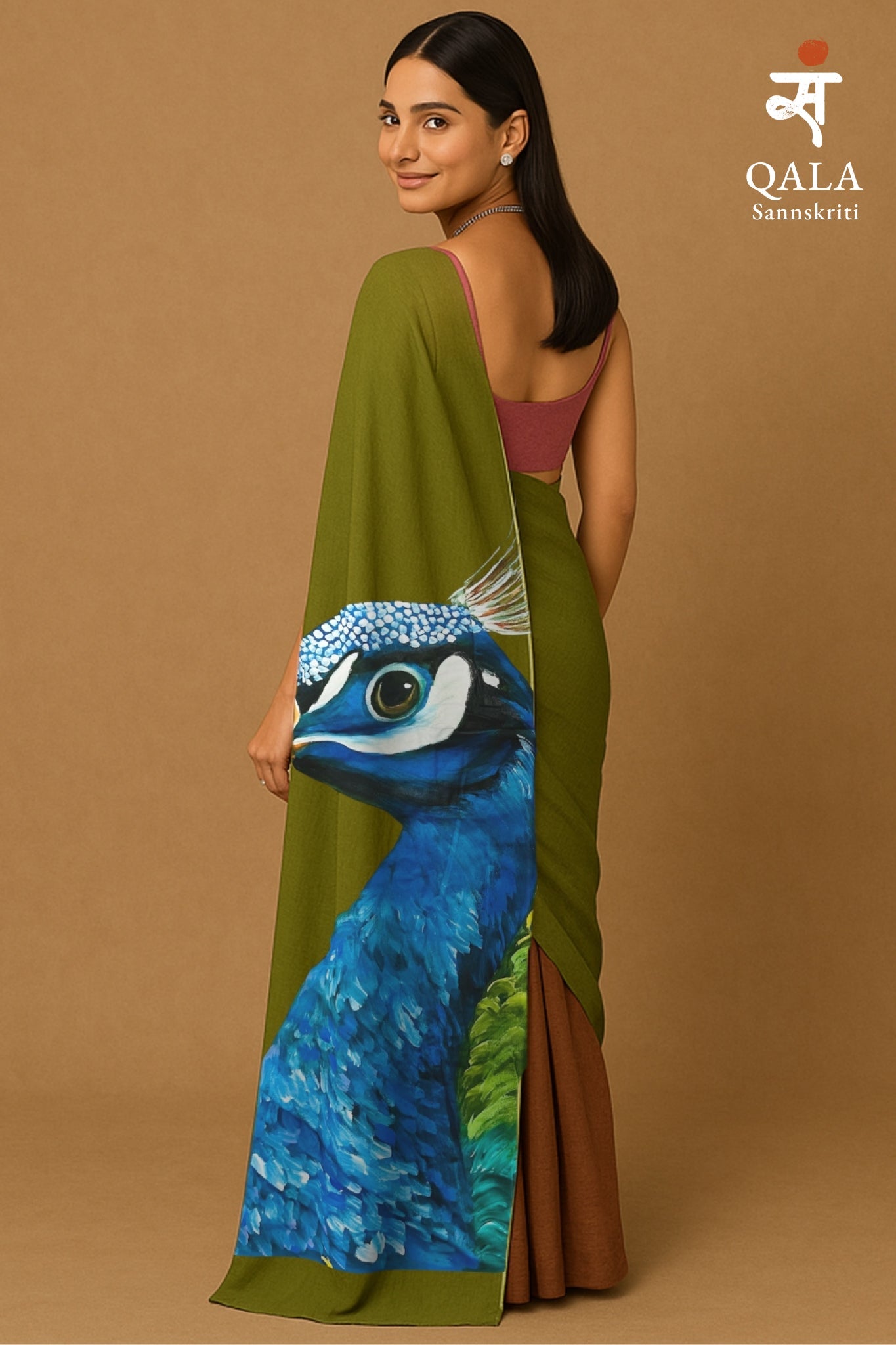 Tri coloured hand painted handloom saree “ The Peacock promise “