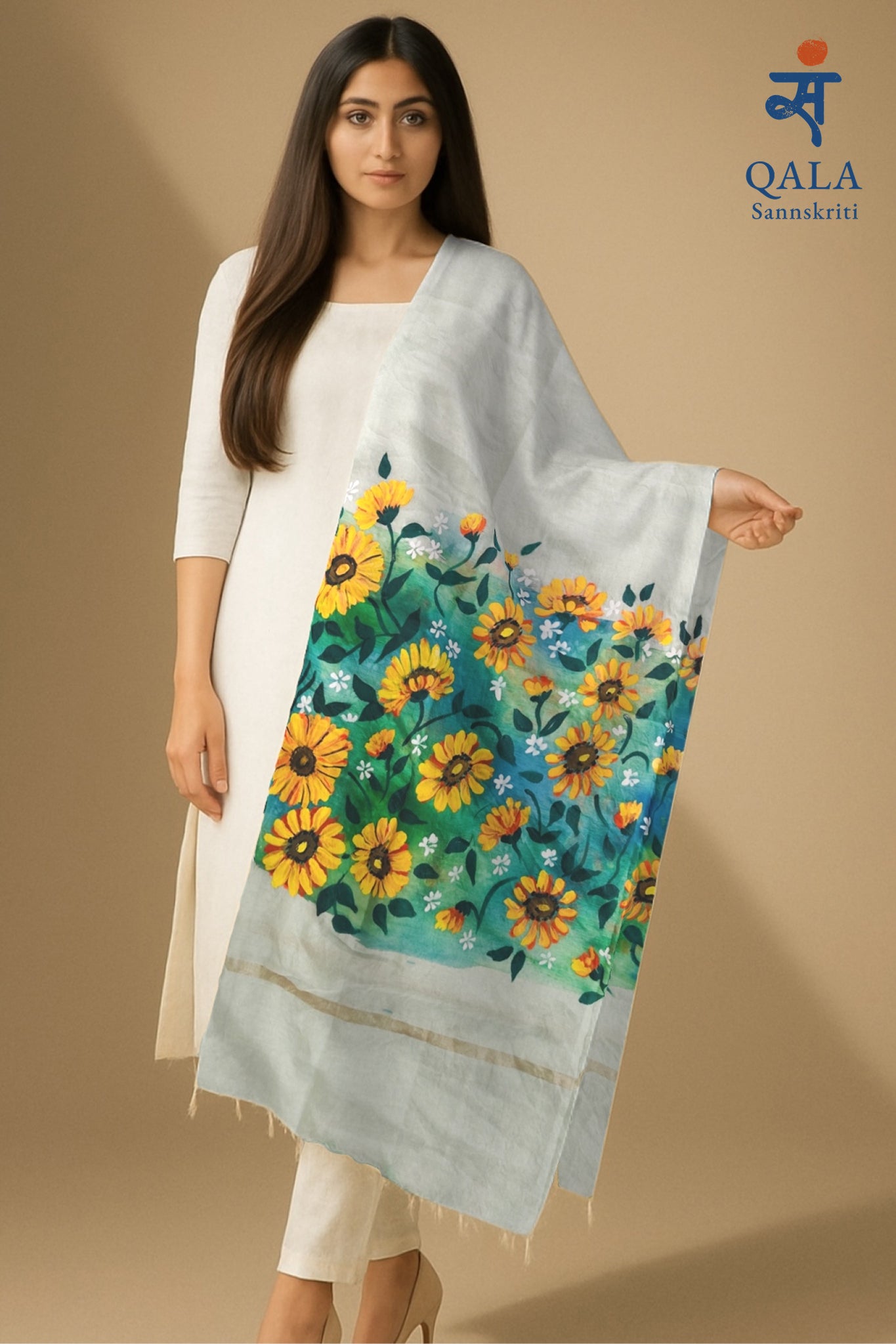 Light pista green pure chanderi Dupatta:
“Suryaangan”