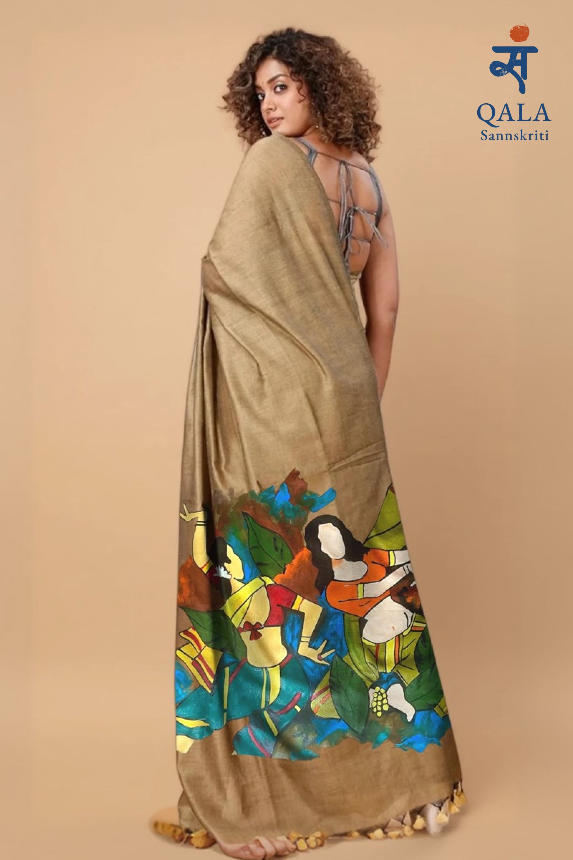 Tortilla coloured hand painted handloom saree “Rhythms of the earth”