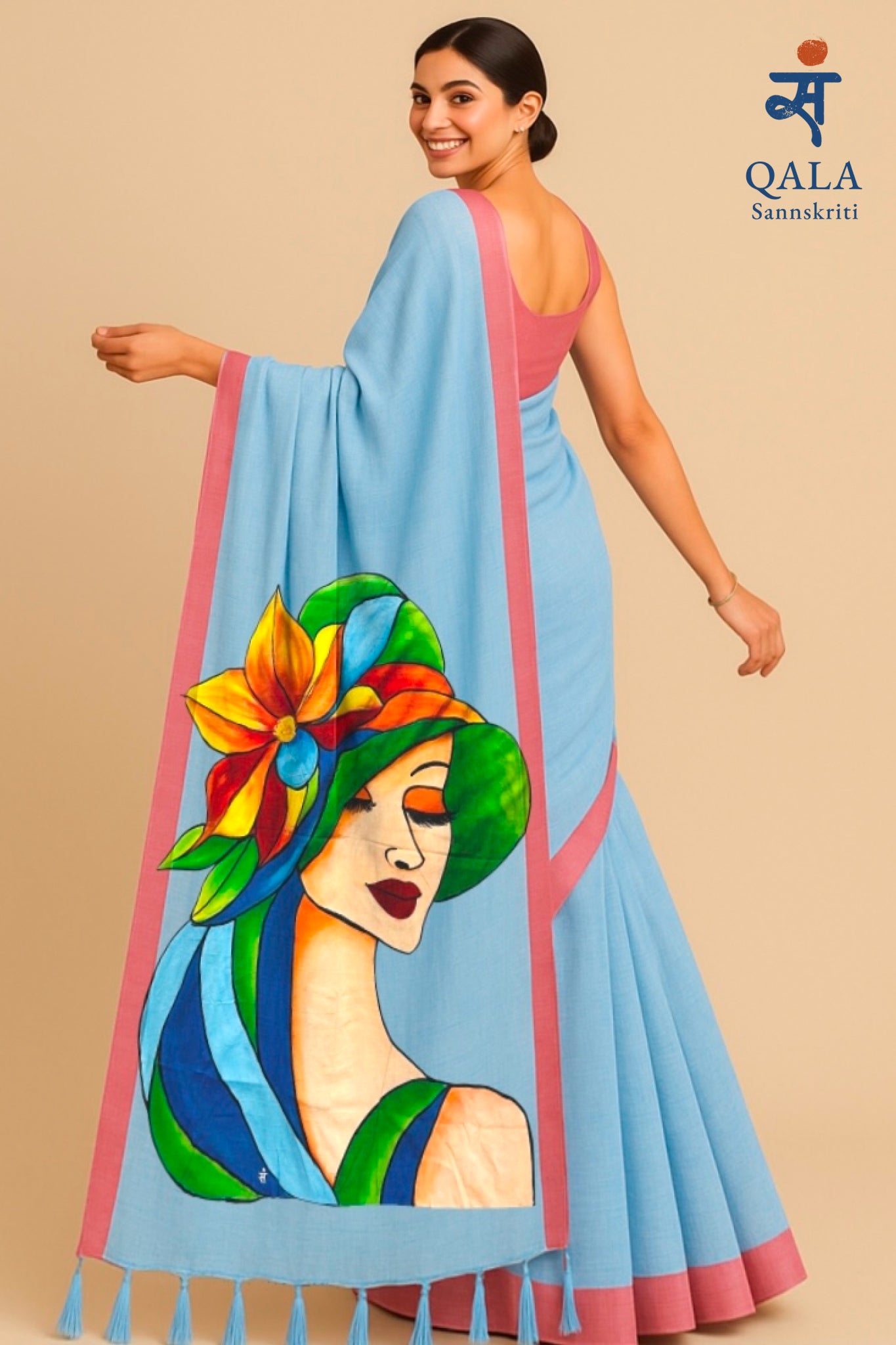 Light blue hand painted Bengal handloom saree “Whispers of spring”