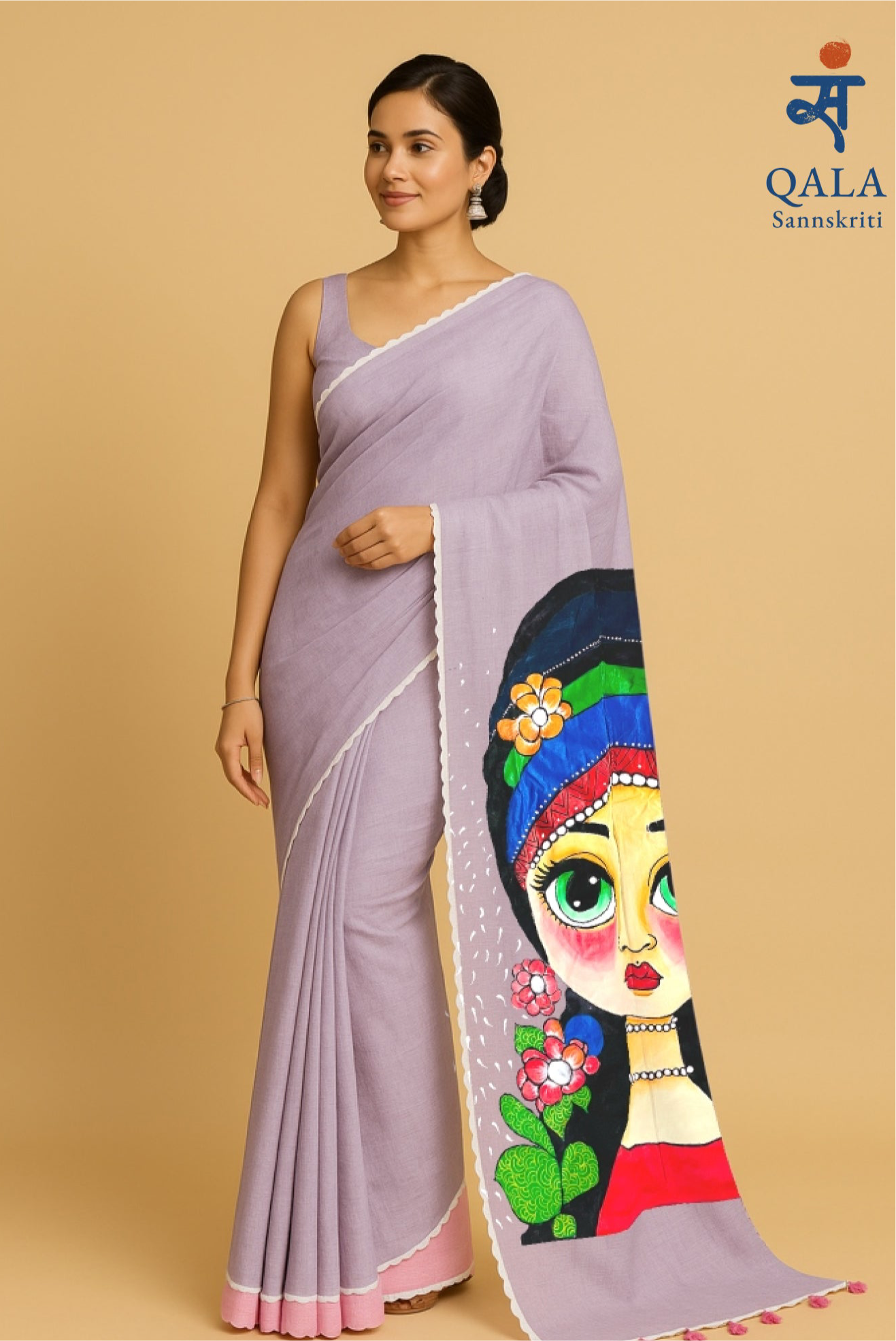 Pink and purple hand painted handloom saree “The dreamer in Bloom”