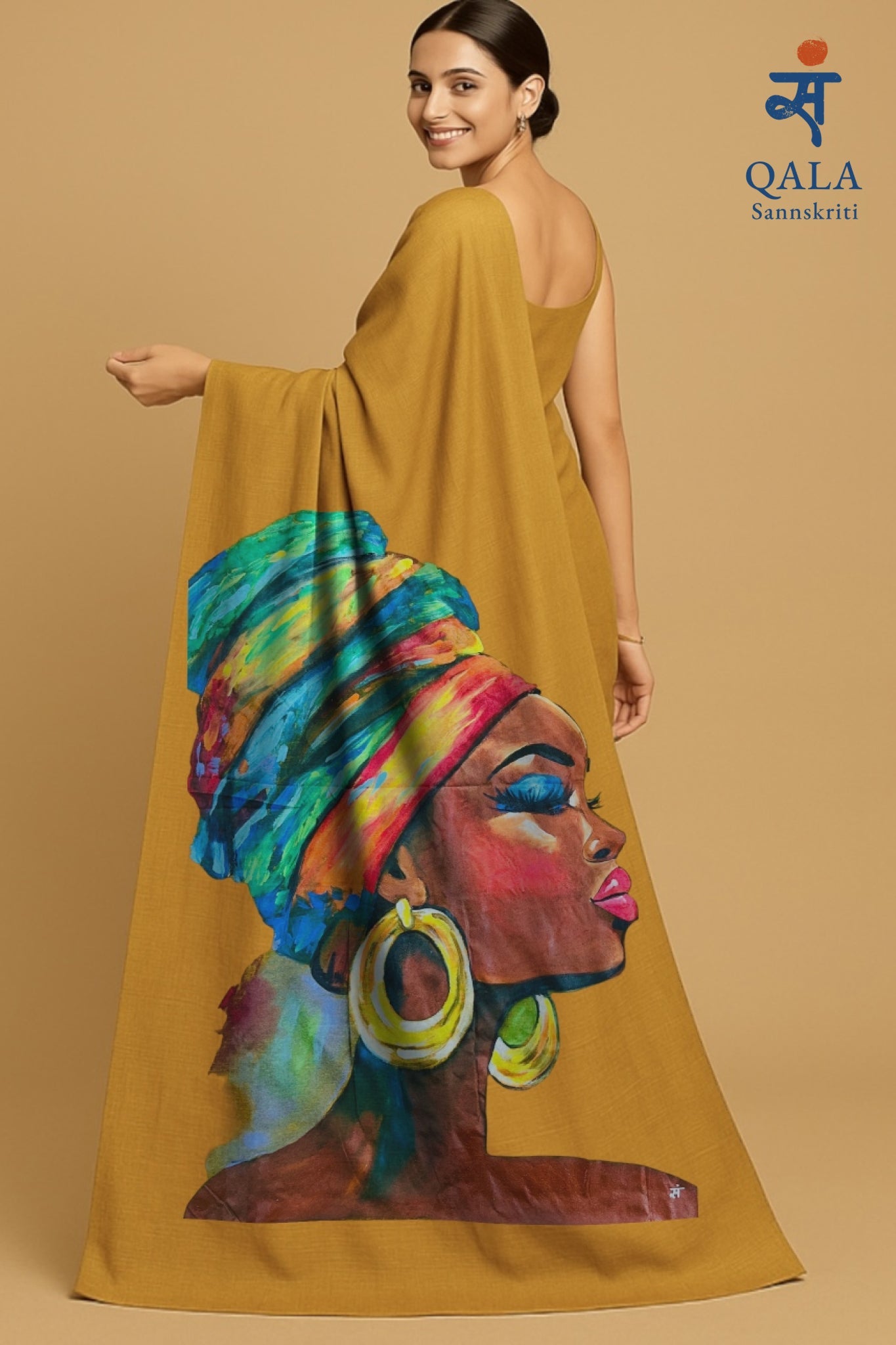 Yellow mustard hand painted handloom saree “ She wears her crown “