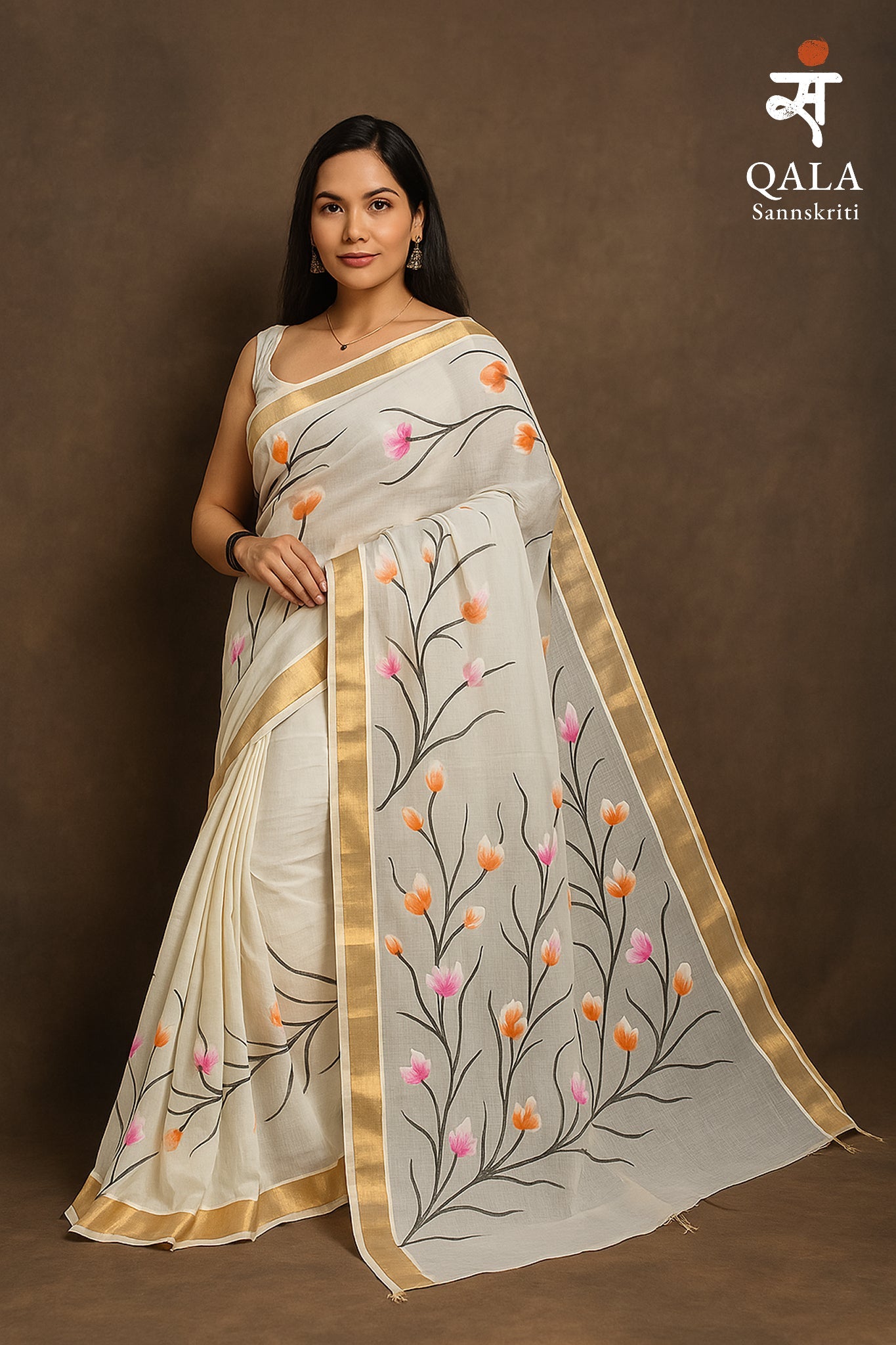 Off white floral Kerala kasavu saree “Phoolo ki boli “