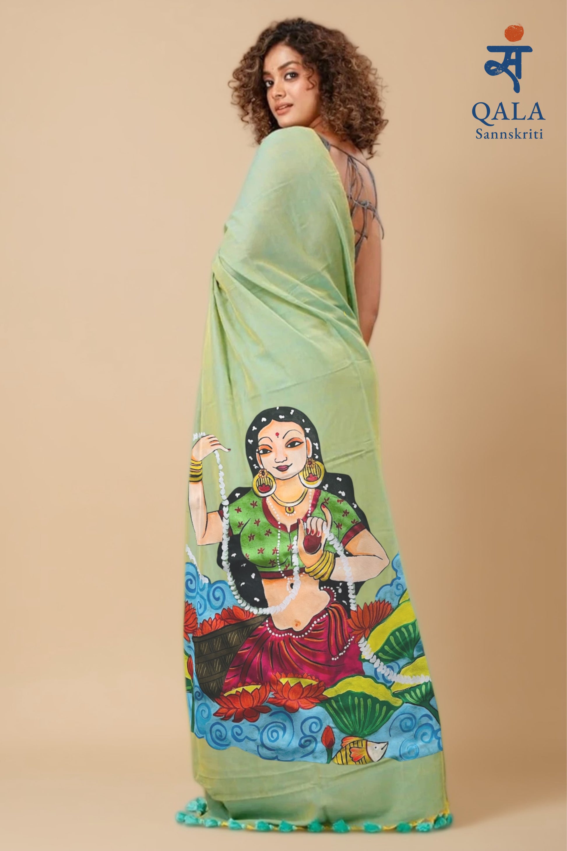 Light green hand painted handloom saree “ The song of the river Maiden”