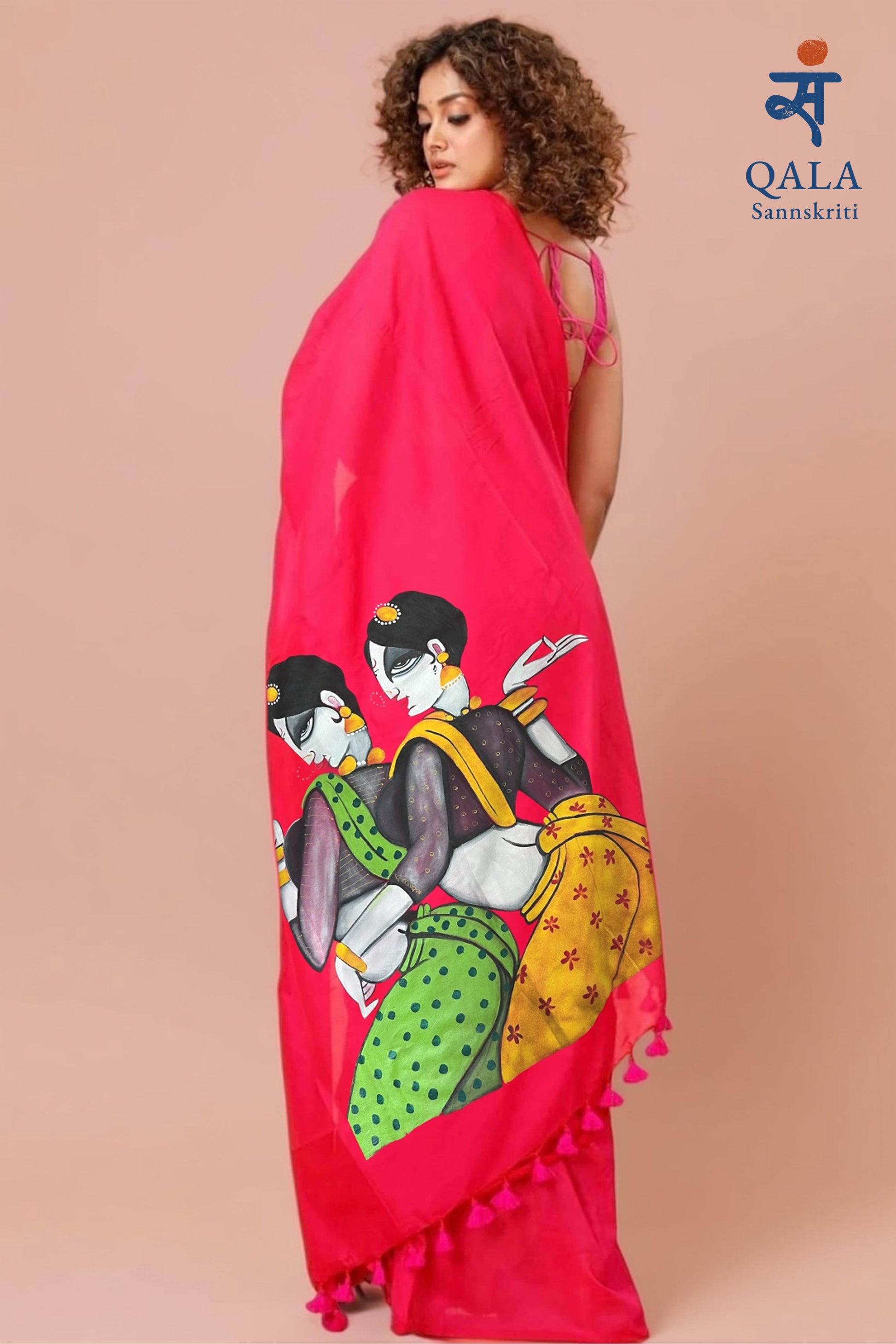 Hot pink hand painted handloom saree “Saajh-Savera-Two halves of her soul”