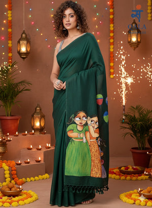 Dark green handloom khadi saree : Whispers of innocence