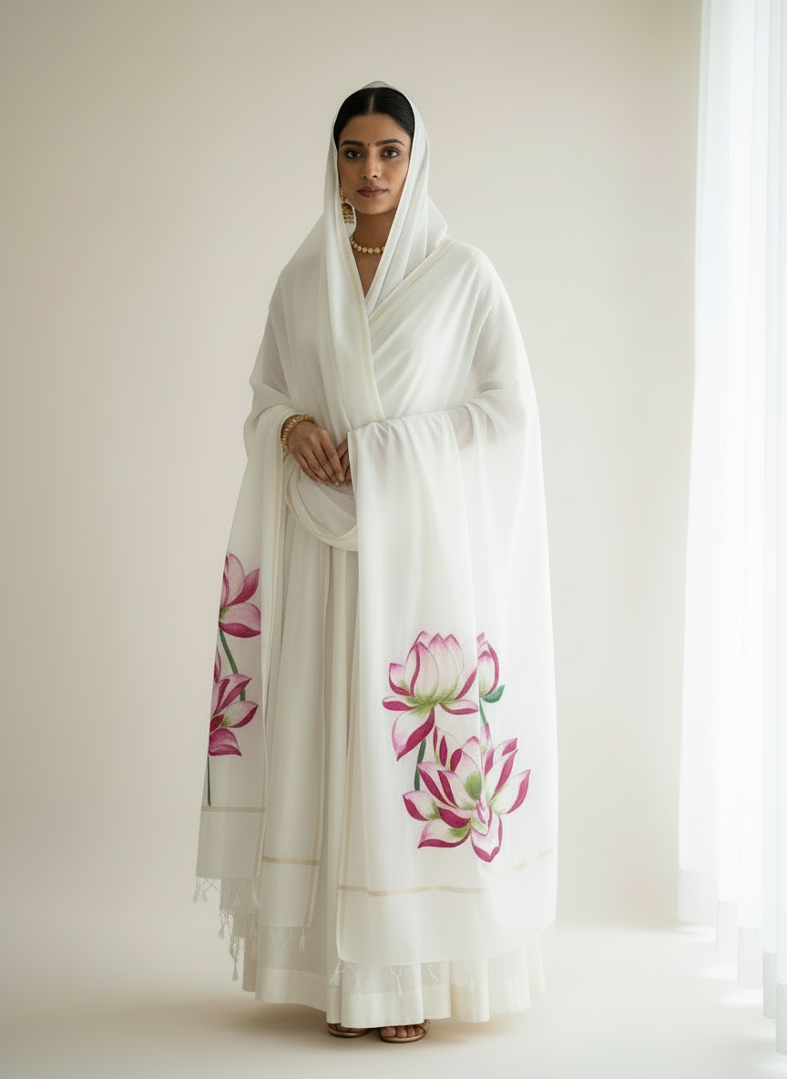 Pure malai chanderi  dupatta : Bloom of Grace