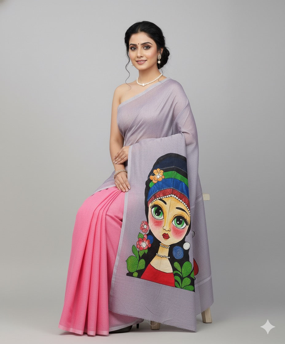 Pink and purple hand painted handloom saree “The dreamer in Bloom”