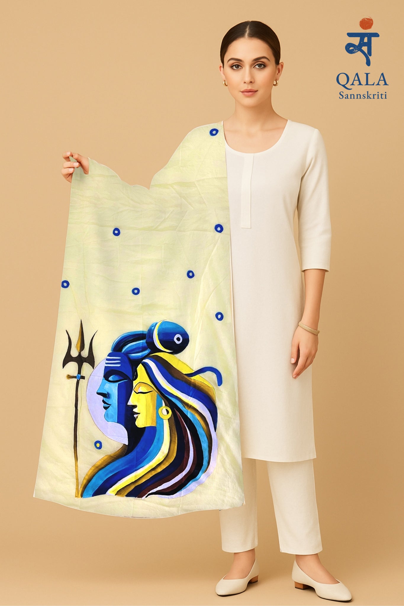 Light yellow pure chanderi dupatta : “Ardhanarishvara: The Eternal balance “