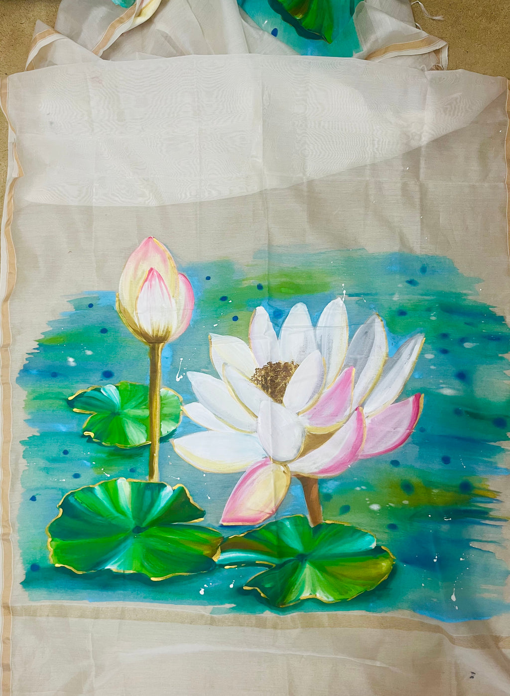 Off white pure chanderi silk dupatta : Whispers of lotus lake