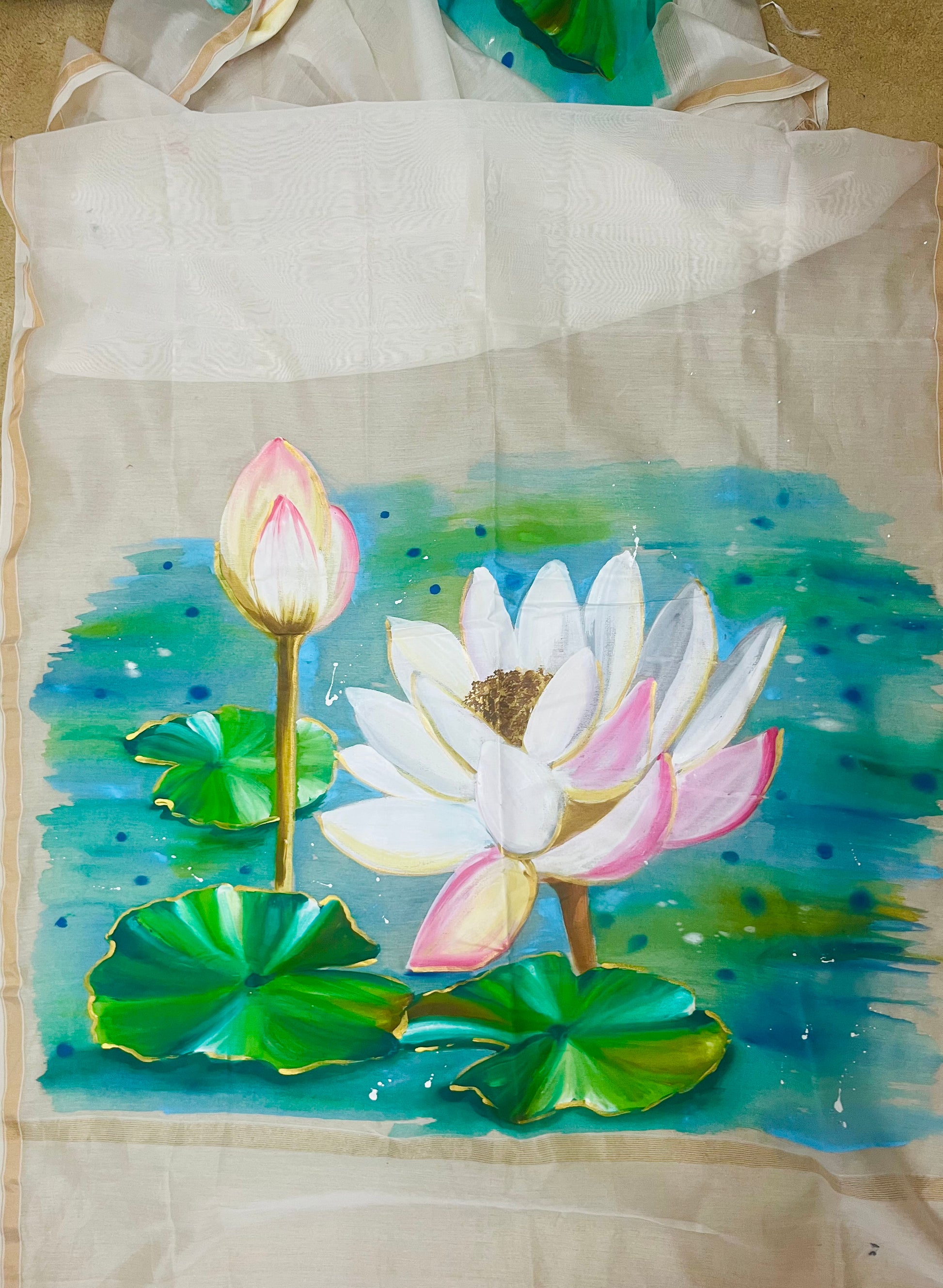 Off white pure chanderi silk dupatta : Whispers of lotus lake