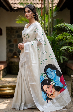 White ( silver ) Kerala tissue saree : Whispers of eternal love