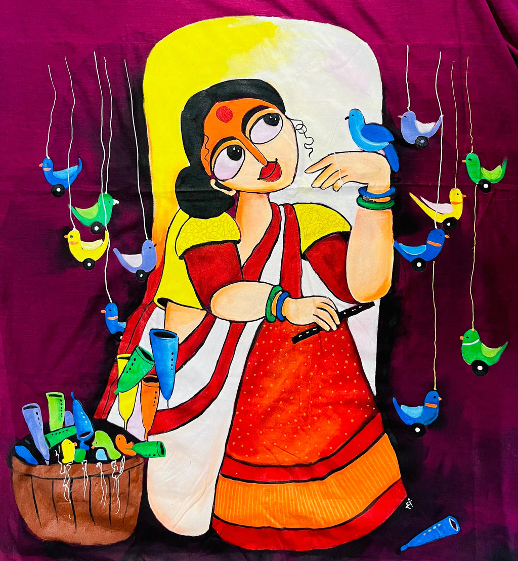Dark purple pink hand painted handloom saree “ Baajra - The bird callers melody”