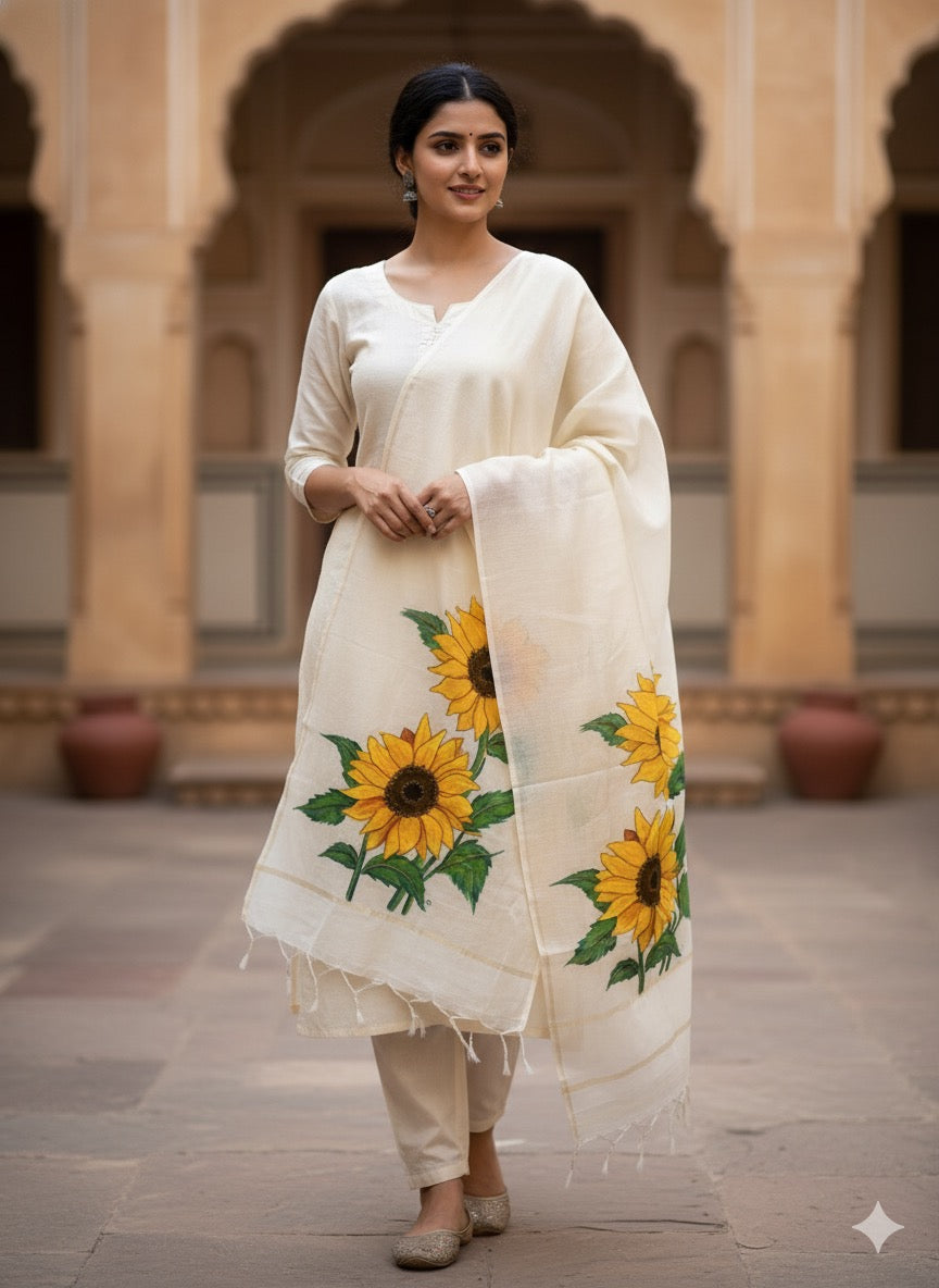 Yellow sunflowers on pure malai chanderi dupatta : Sunlit Grace