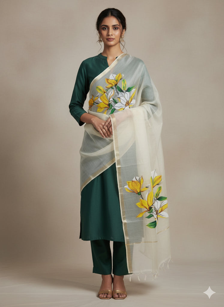 Yellow florals pure natural coloured chanderi silk dupatta : Whispers of Magnolia