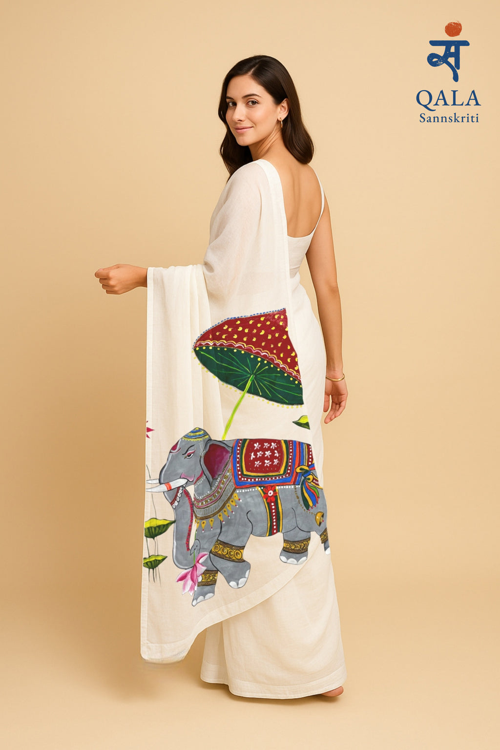 White hand painted handloom saree “ Gajgamini - The Graceful March”