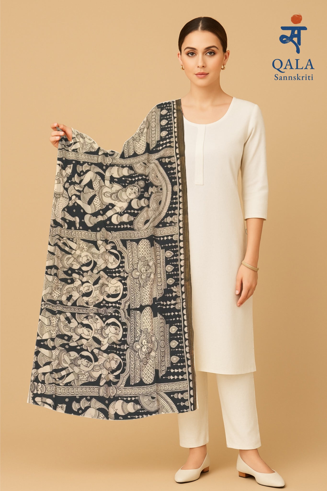 Mangal Kari silk dupatta . Kalamkari work “Nritya Deva”