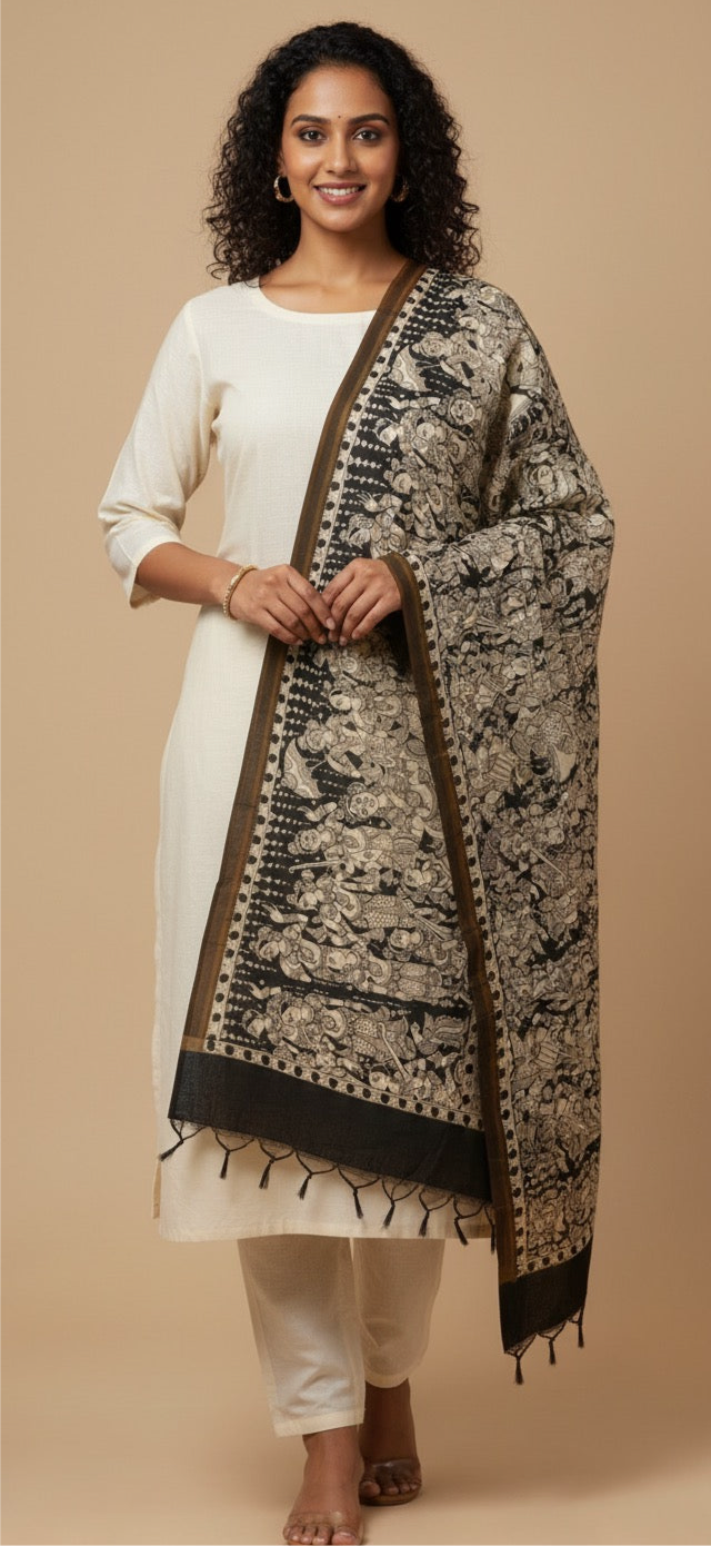 Mangal Kari silk Kalamkari hand painted dupatta “ Taal Gatha : The sacred symphony “
