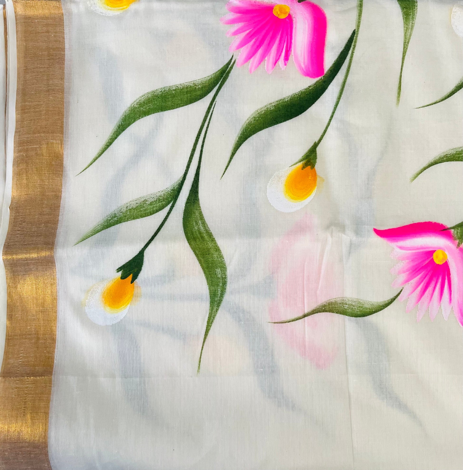 White floral hand painted Kerala kasavu saree “ Baag ki kaliya “