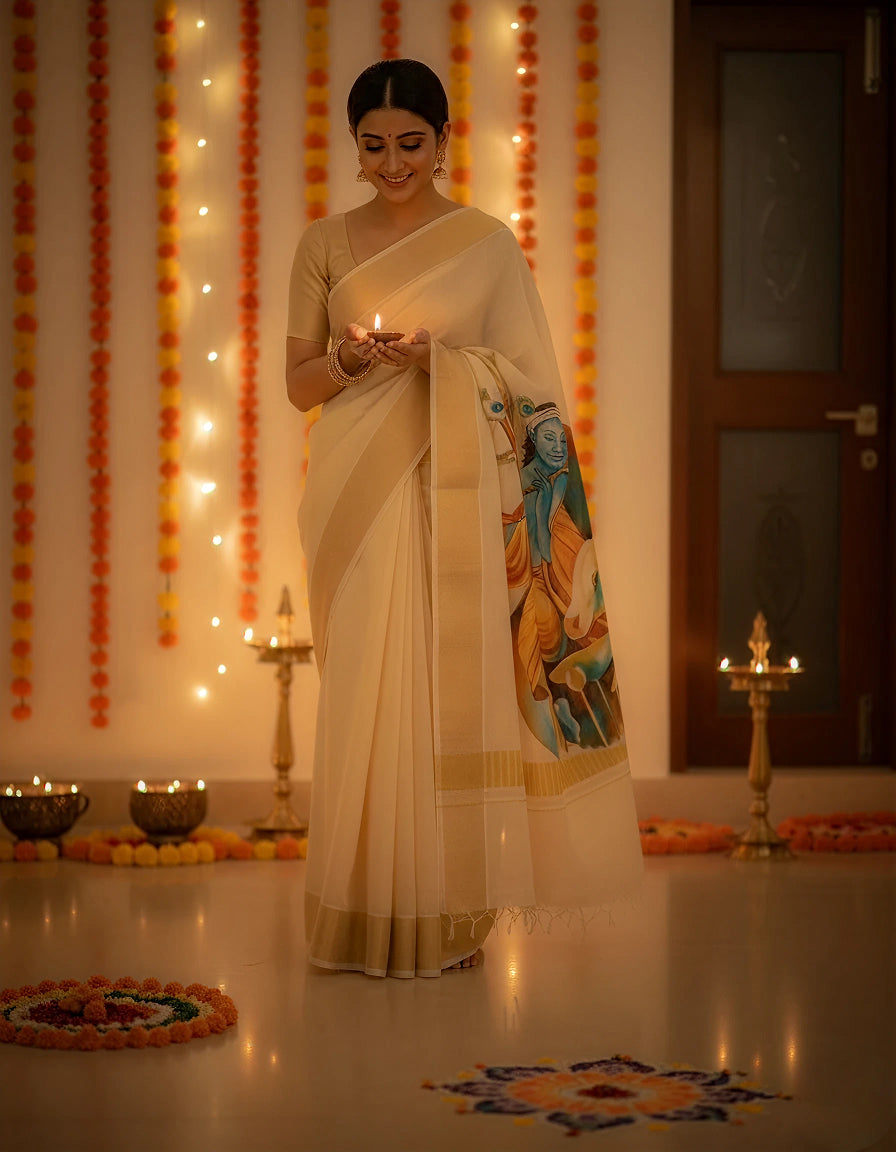 Golden Kerala kasavu tissue saree: Melody of Divinity