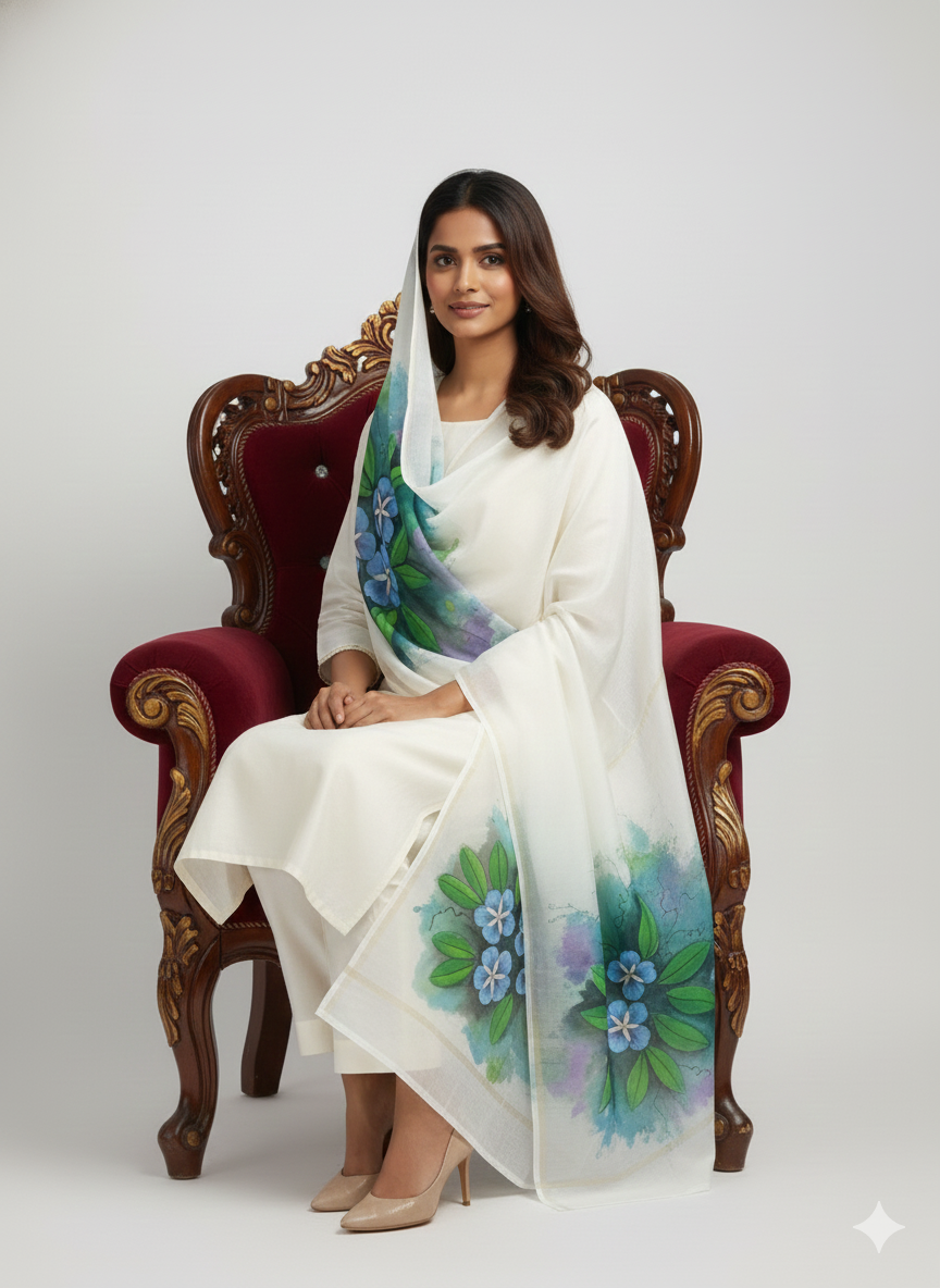 Pure malai Chanderi dupatta : Neel Pushp