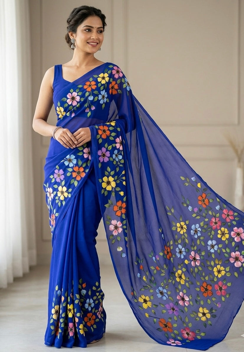 Royal blue georgette saree