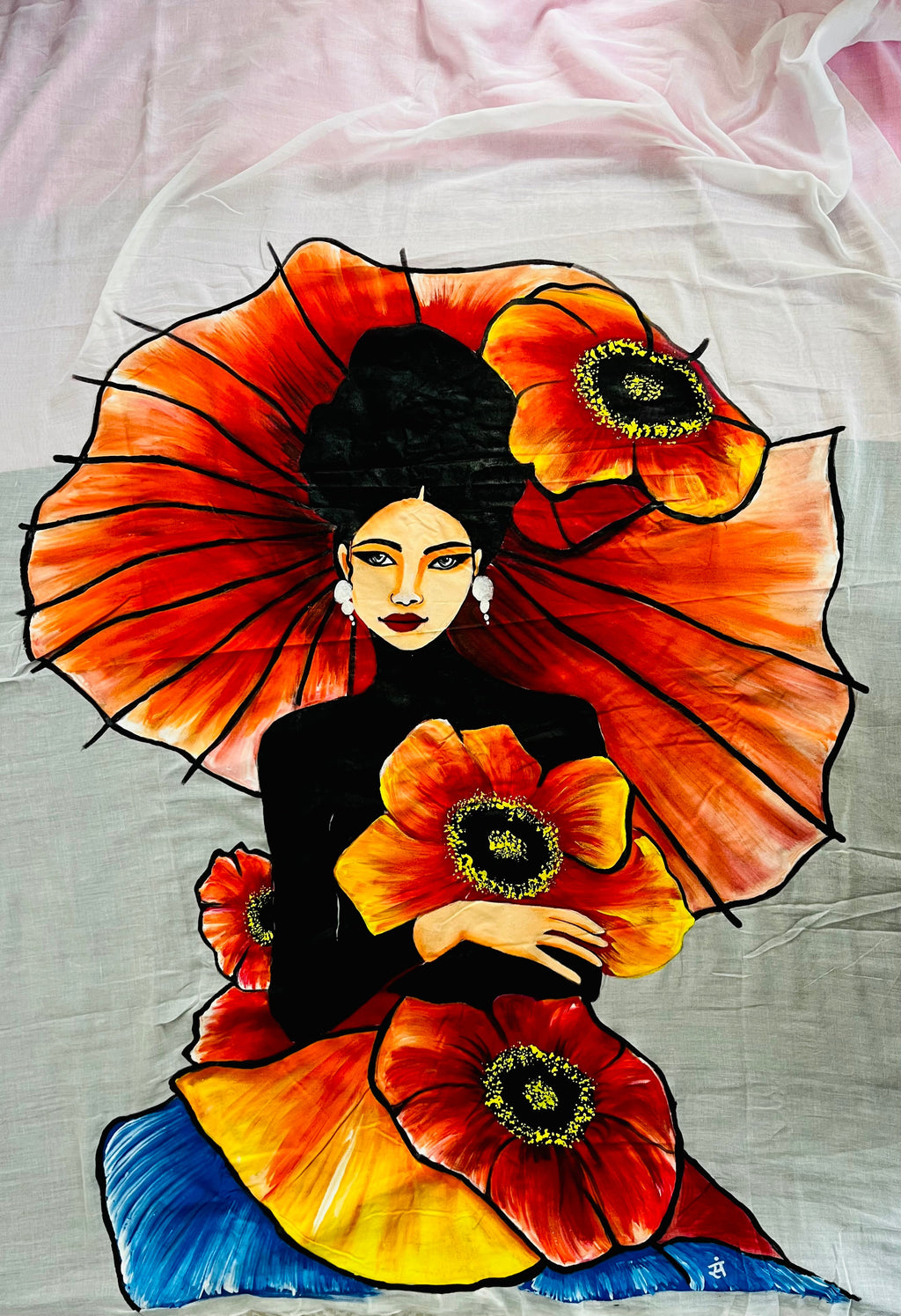 White pink and grey hand painted handloom saree “The blooming Empress”