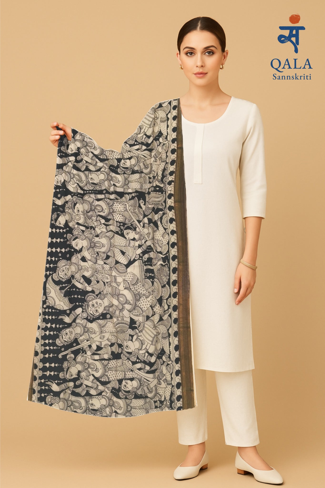 Mangal Kari silk Kalamkari hand painted dupatta “ Taal Gatha : The sacred symphony “