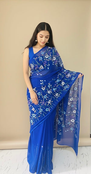Blue floral georgette saree : Indraneeli Vasant
