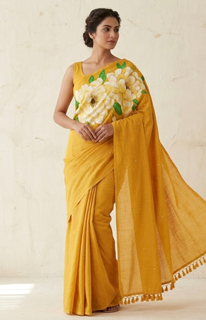 Yellow khadi cotton saree