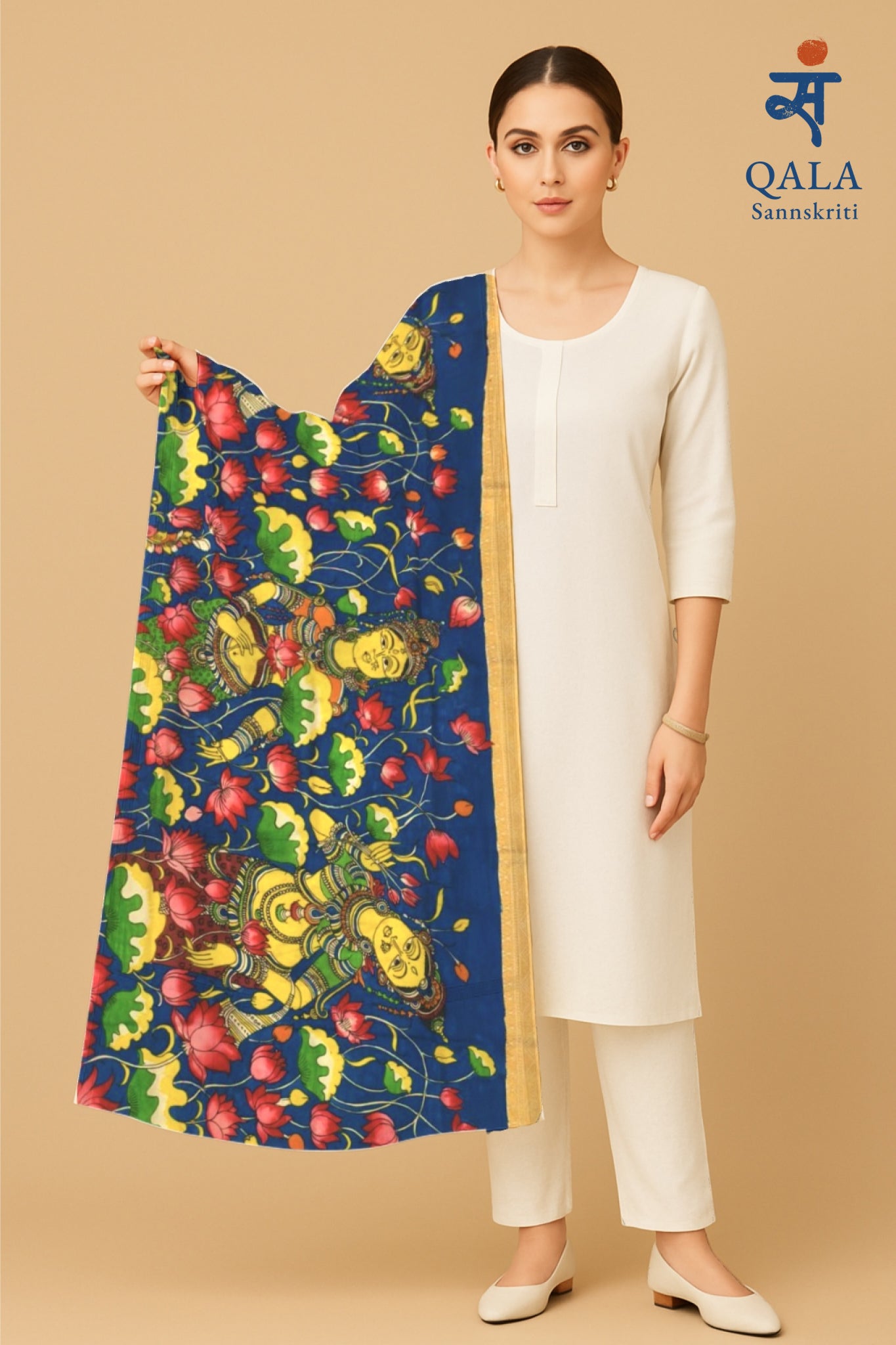 Mangalkari silk Kalamkari hand painted dupatta “ Padma Sthita : The lotus within “