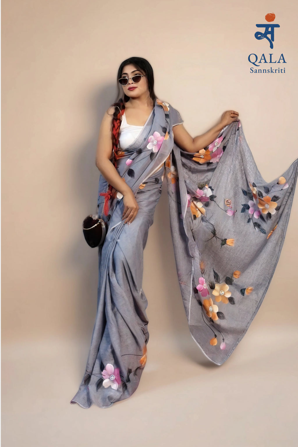 Grey hand painted florals on mul cotton saree