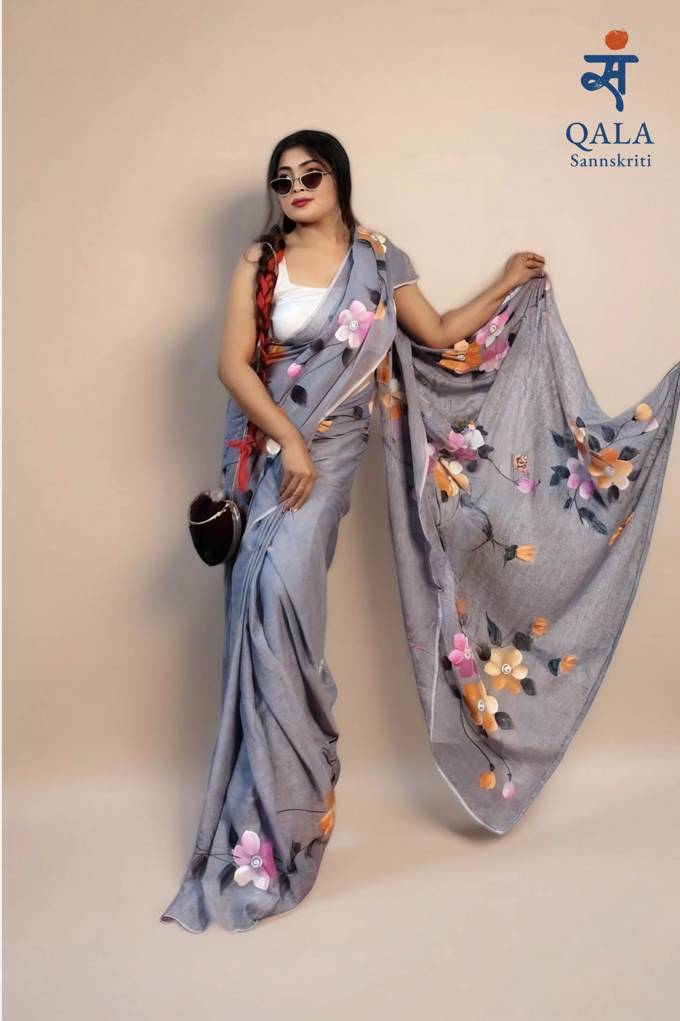 Grey hand painted florals on mul cotton saree