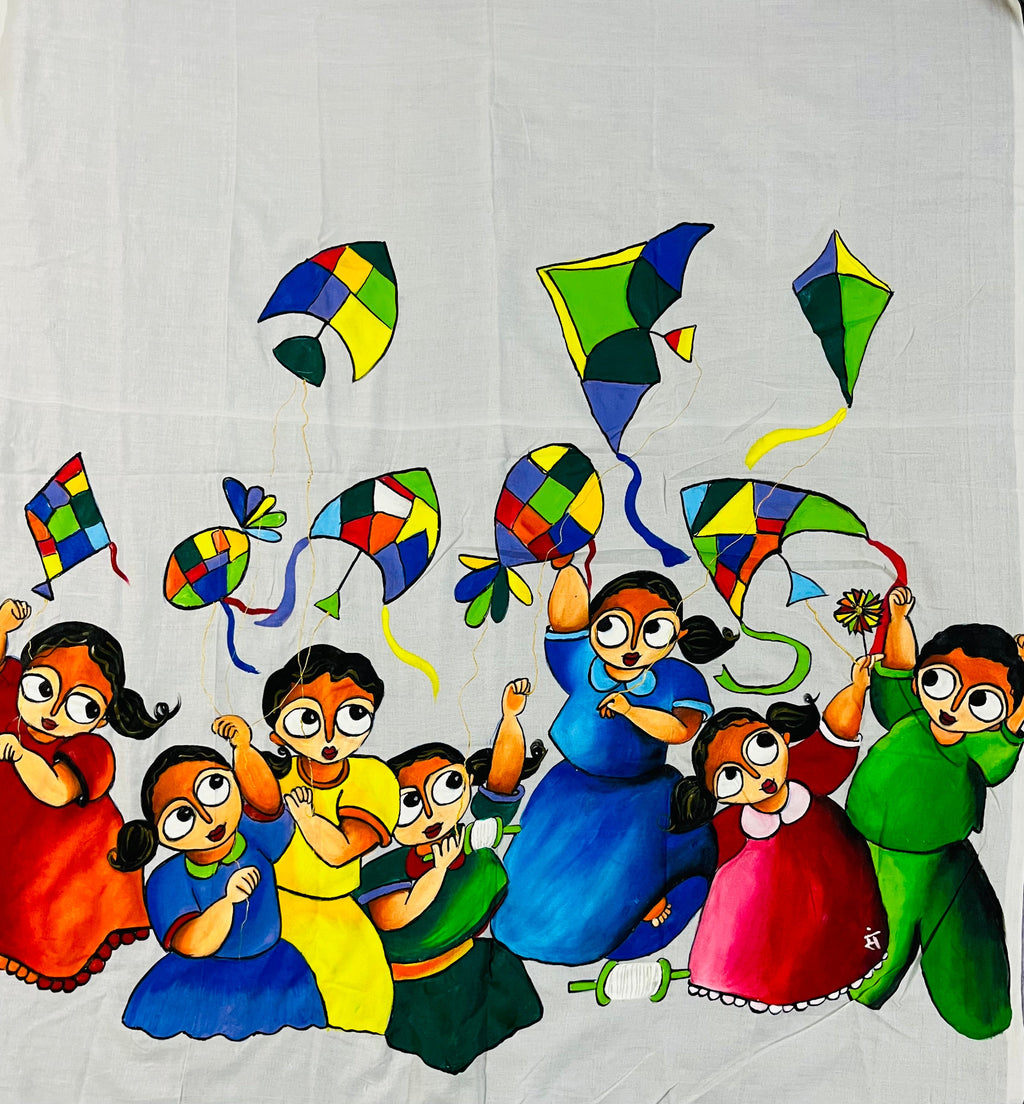 White and Grey cotton handloom hand painted saree “sky dancers”
