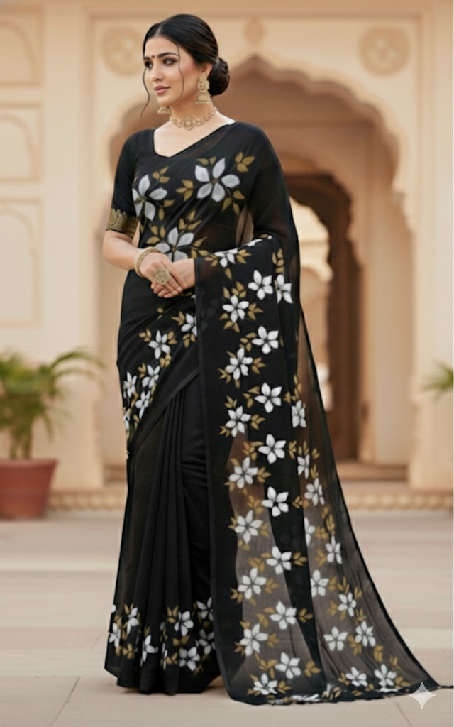 Black georgette saree : The midnight bloom