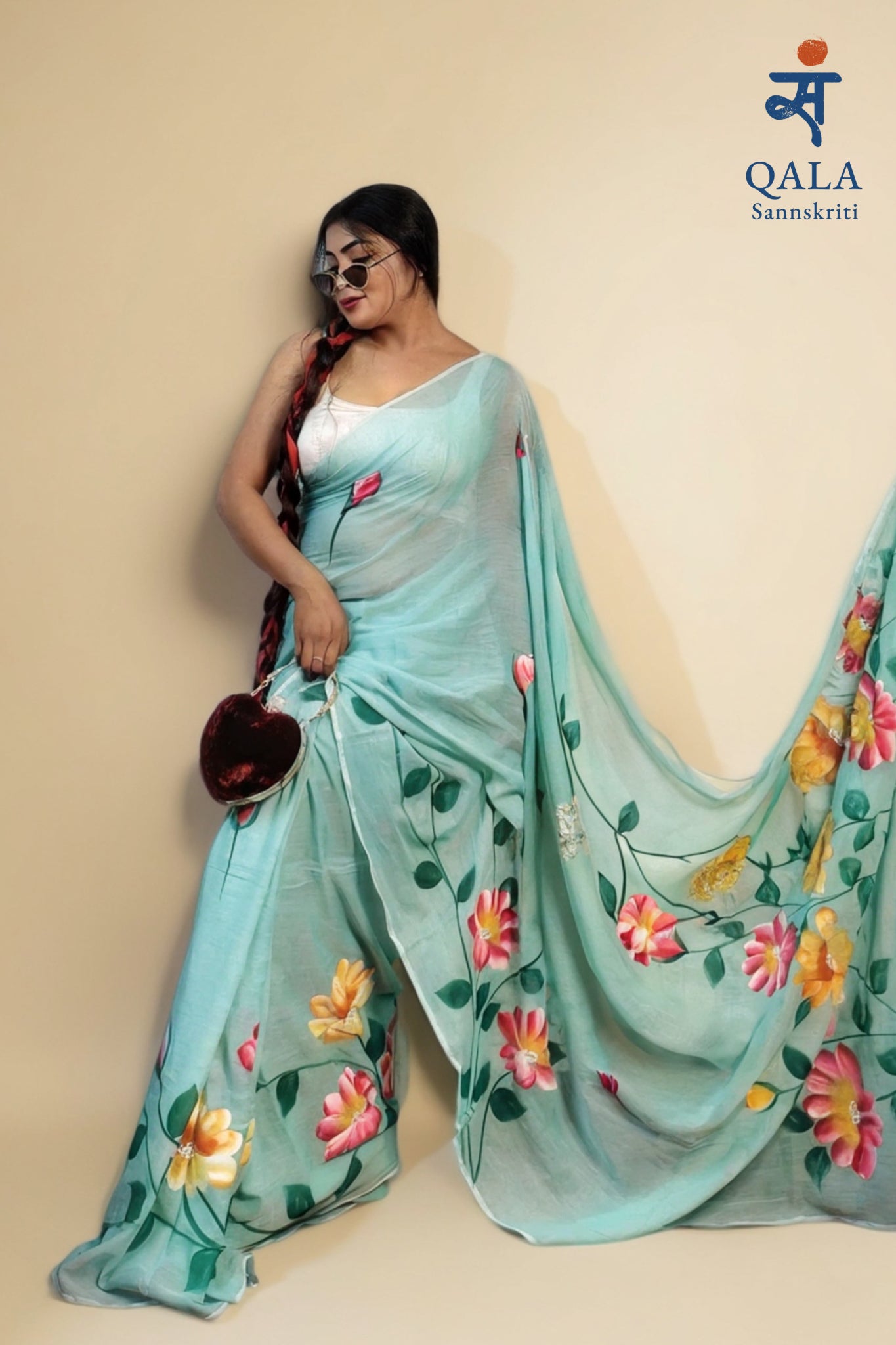 Light sea green hand painted mul saree